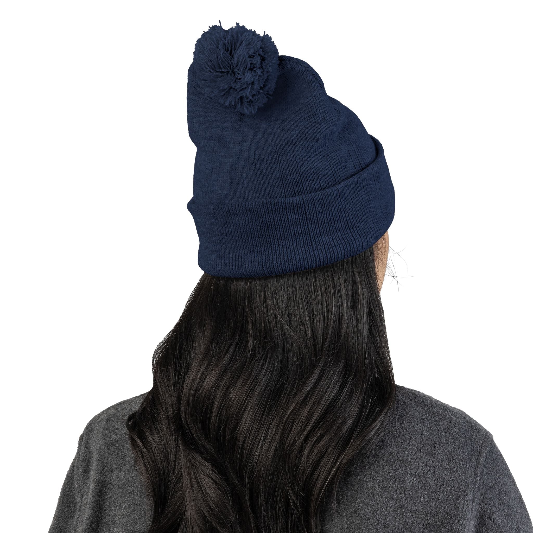 Embroidered Pom - Pom Knit Beanie — Grey Winter Hat with Pink NY Logo - Etna Gift