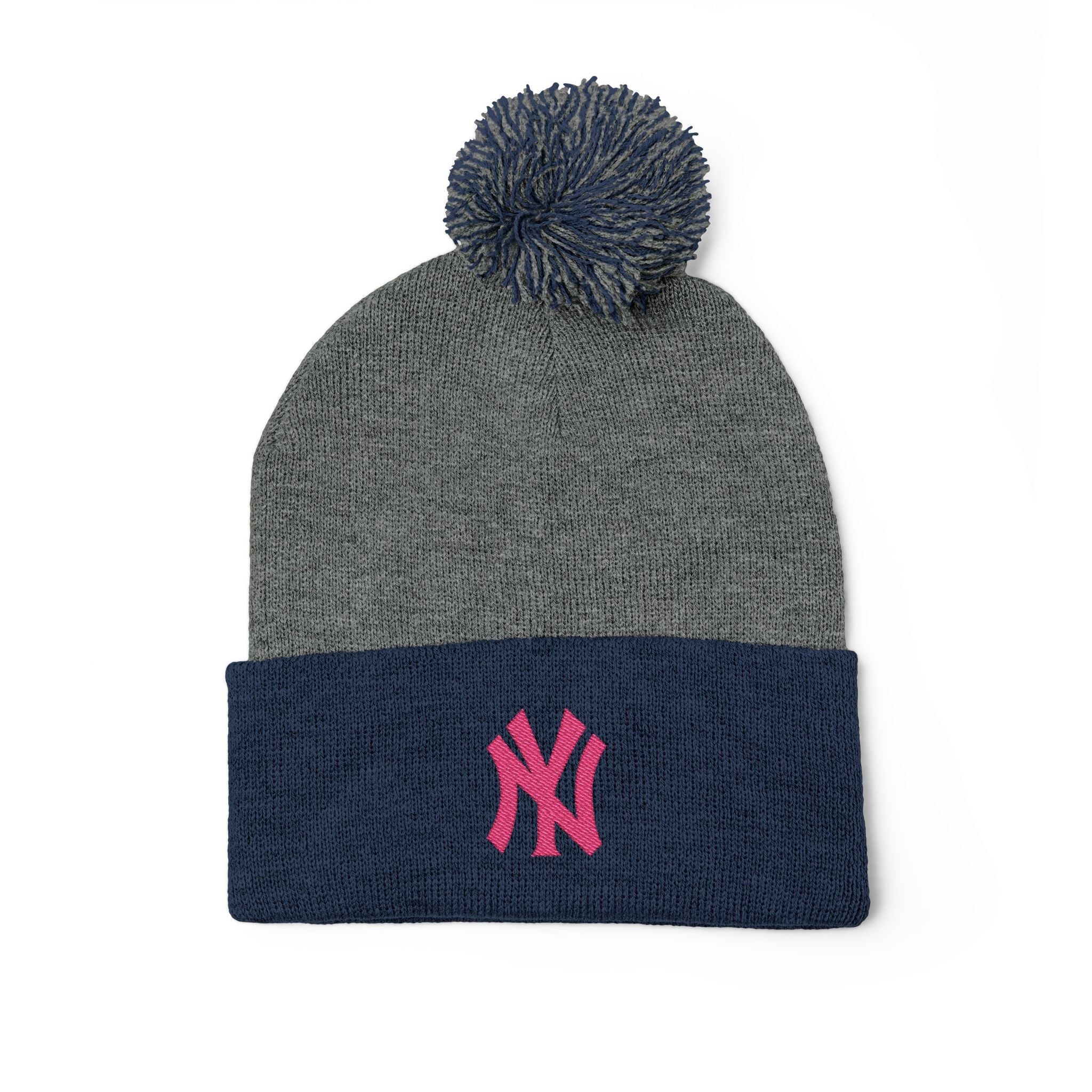 Embroidered Pom - Pom Knit Beanie — Grey Winter Hat with Pink NY Logo - Etna Gift