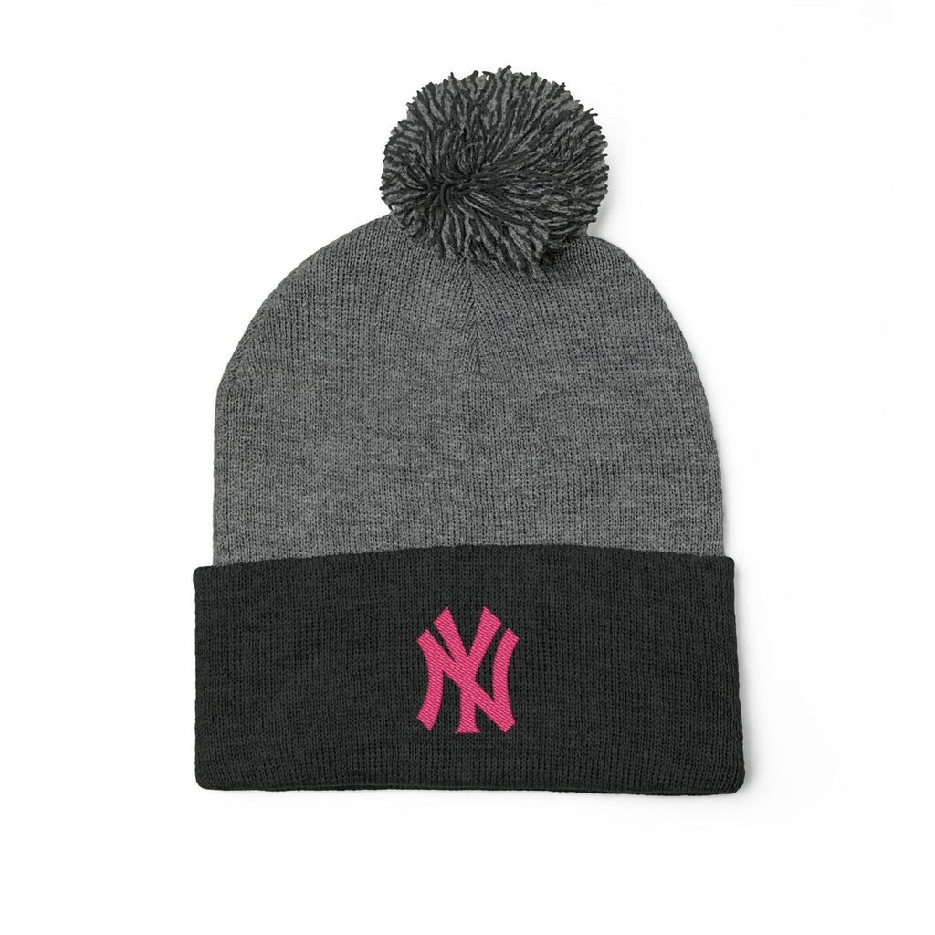 Embroidered Pom - Pom Knit Beanie — Grey Winter Hat with Pink NY Logo - Etna Gift