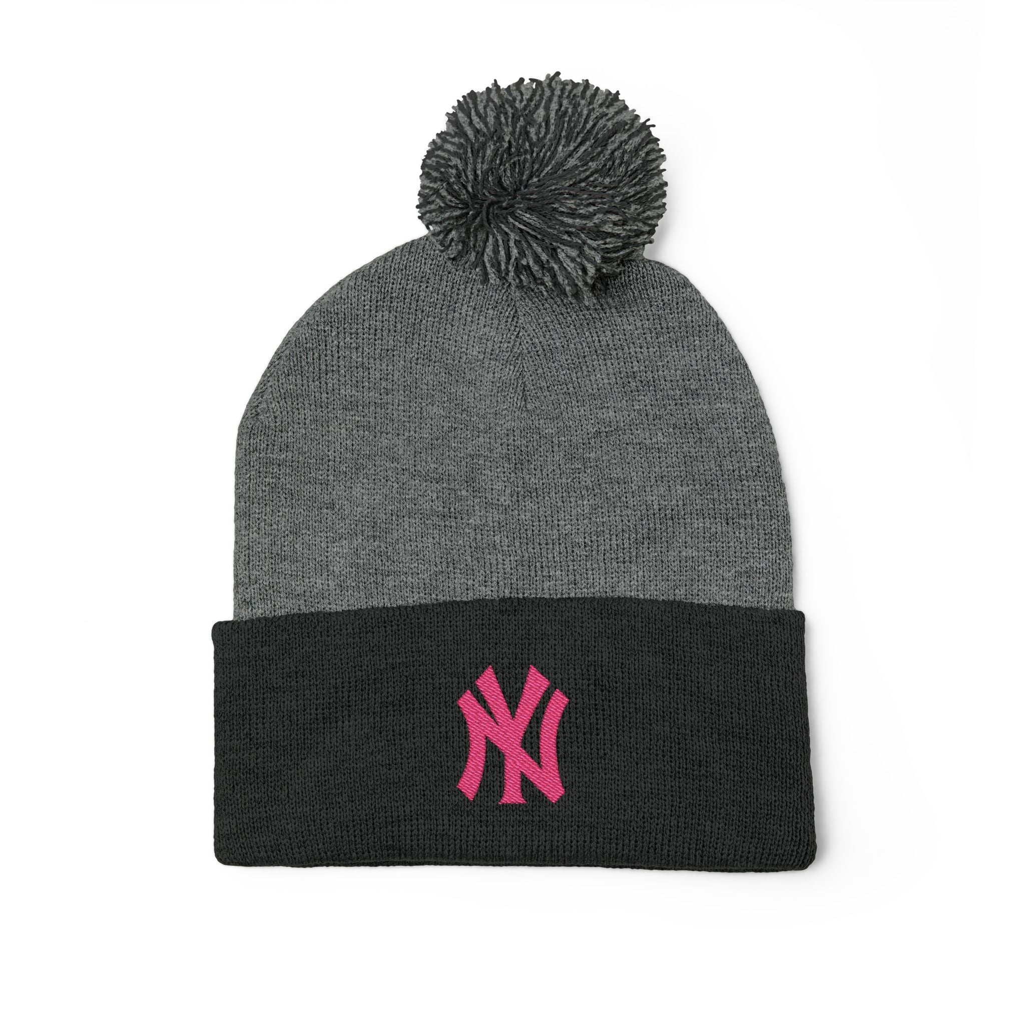 Embroidered Pom - Pom Knit Beanie — Grey Winter Hat with Pink NY Logo - Etna Gift