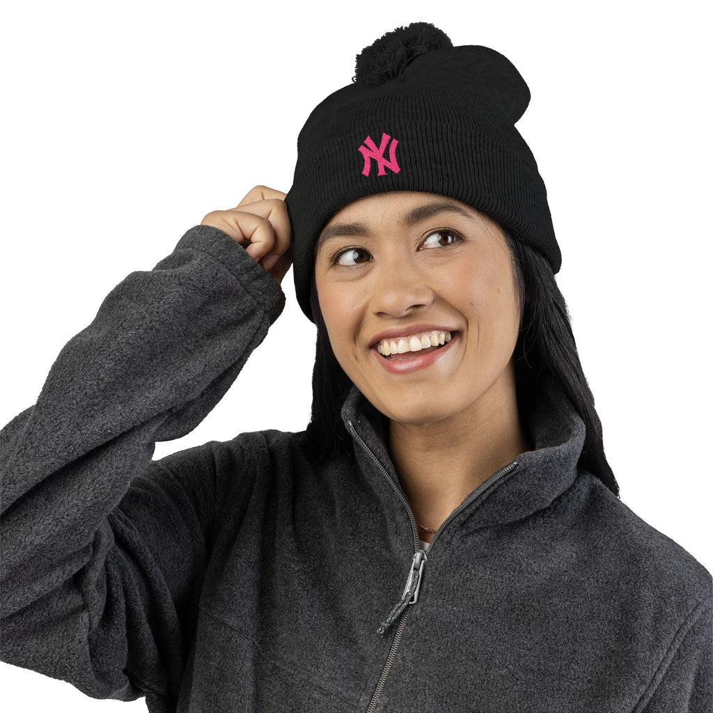 Embroidered Pom - Pom Knit Beanie — Grey Winter Hat with Pink NY Logo - Etna Gift