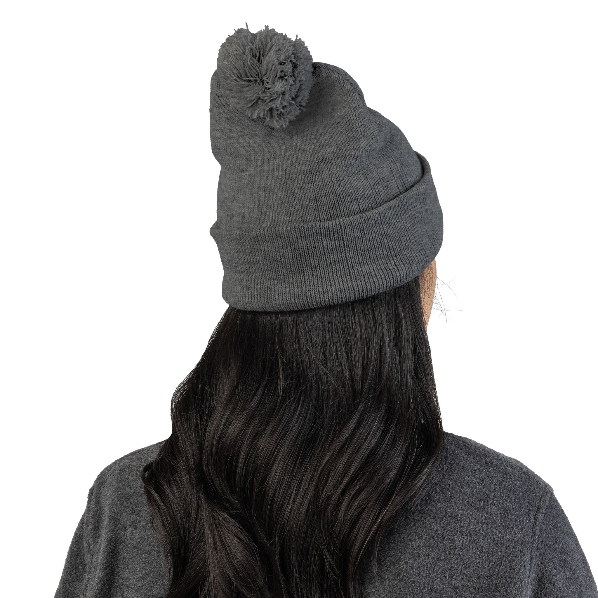 Embroidered Pom - Pom Knit Beanie — Grey Winter Hat with Pink NY Logo - Etna Gift