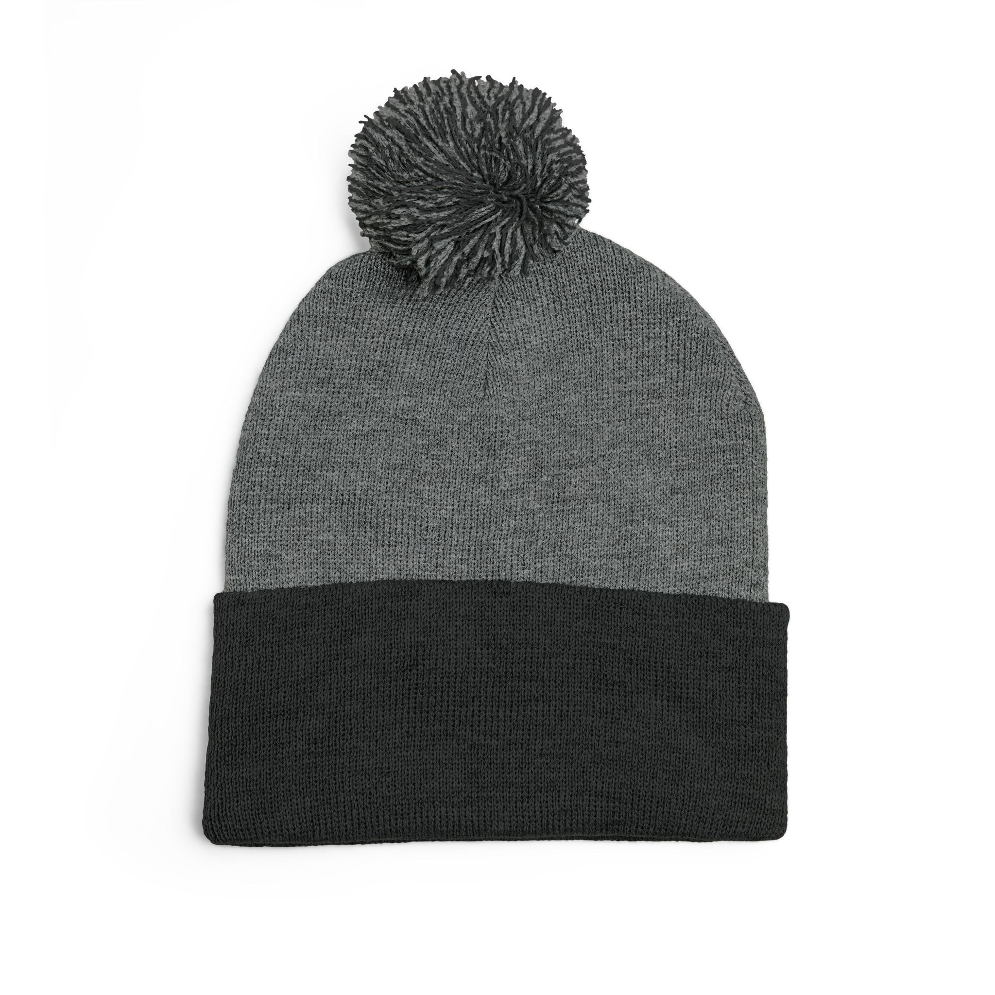 Embroidered Pom - Pom Knit Beanie — Grey Winter Hat with Pink NY Logo - Etna Gift