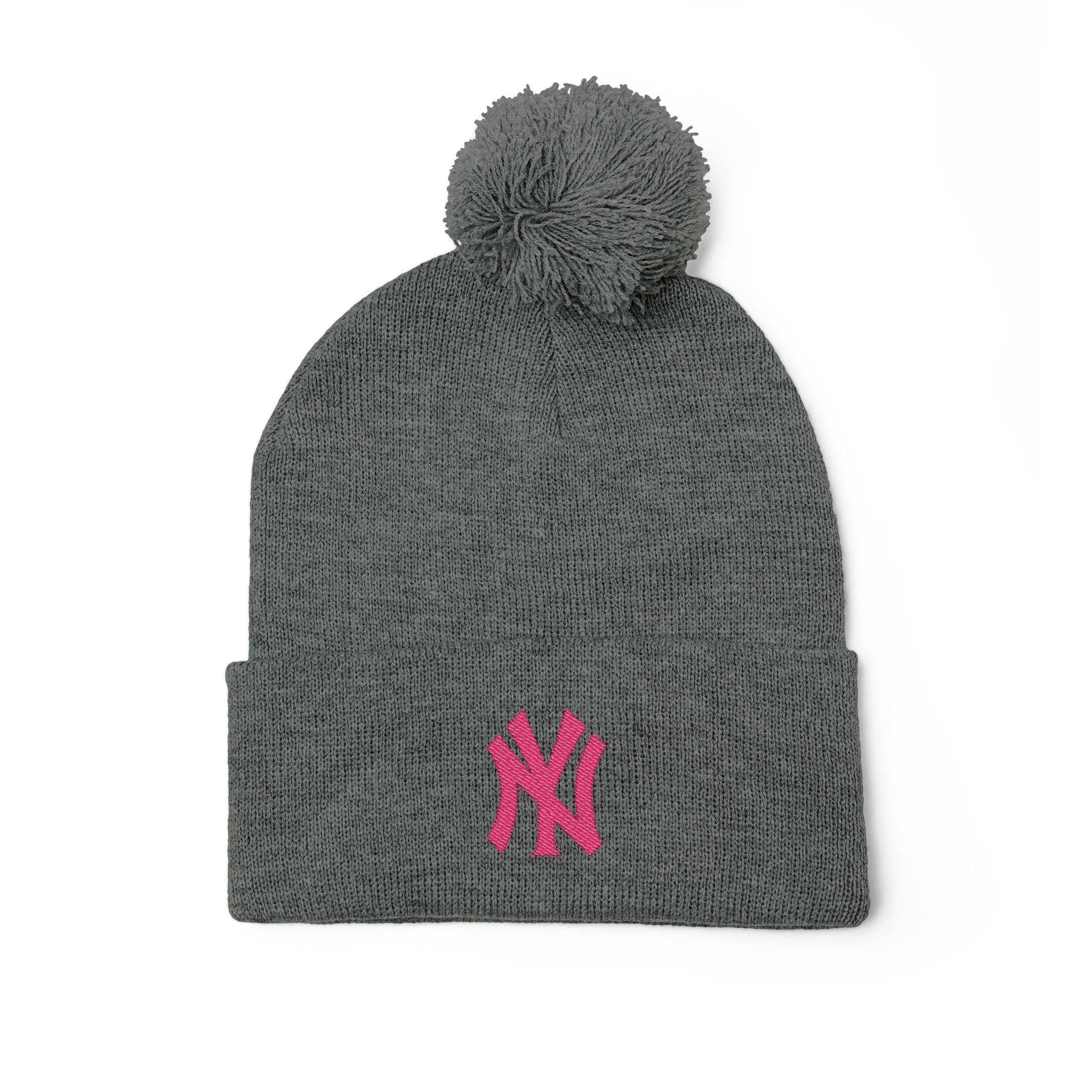 Embroidered Pom - Pom Knit Beanie — Grey Winter Hat with Pink NY Logo - Etna Gift