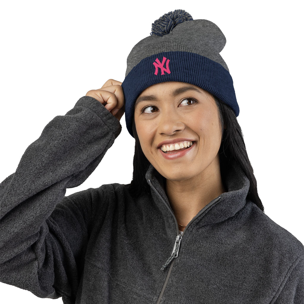 Embroidered Pom - Pom Knit Beanie — Grey Winter Hat with Pink NY Logo - Etna Gift