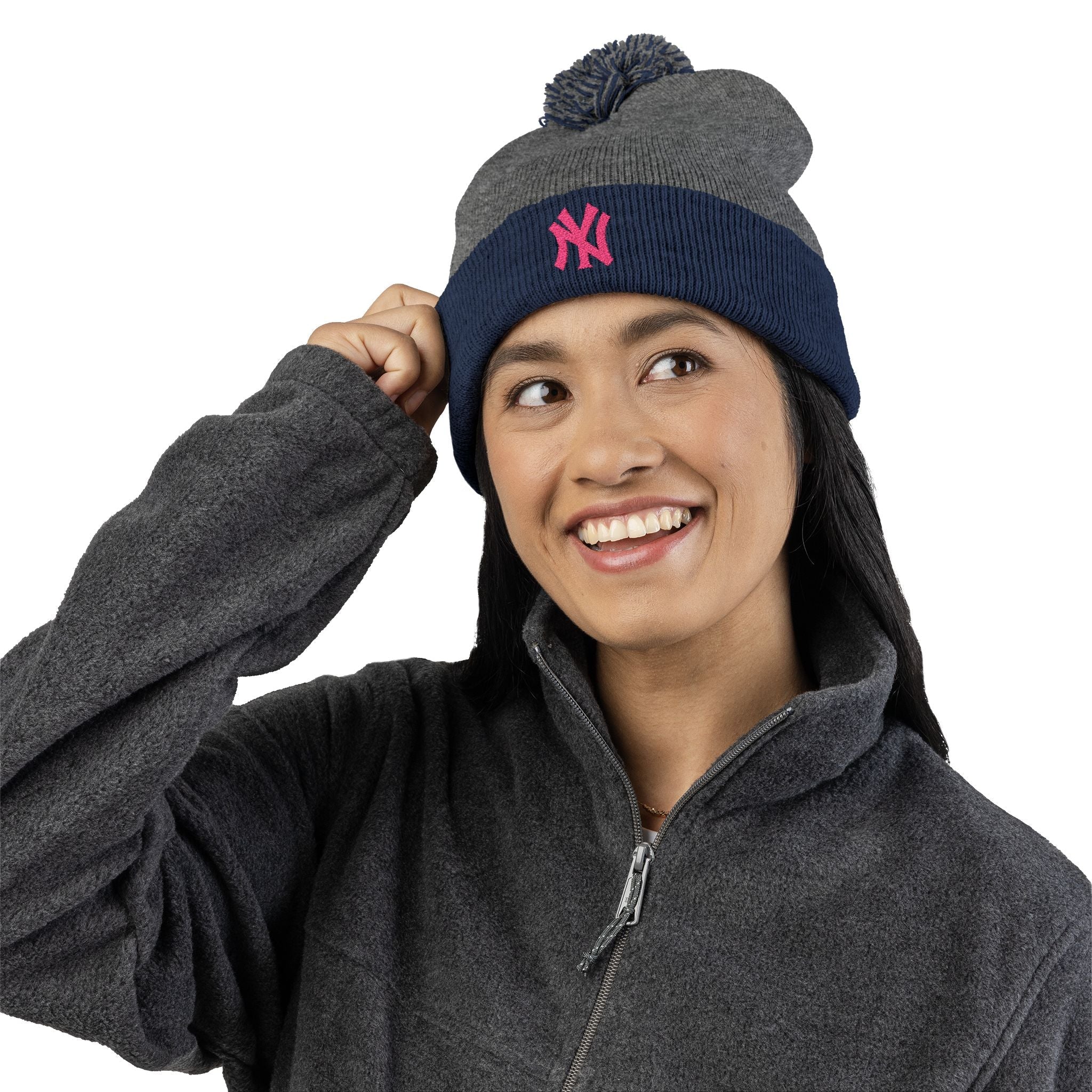 Embroidered Pom - Pom Knit Beanie — Grey Winter Hat with Pink NY Logo - Etna Gift