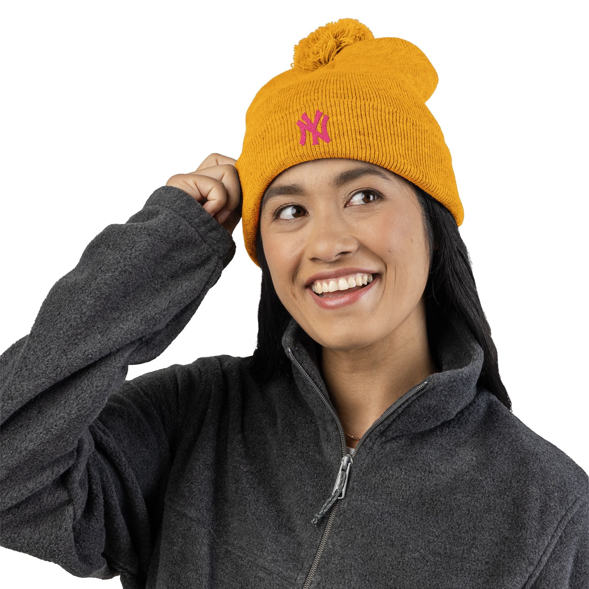 Embroidered Pom - Pom Knit Beanie — Grey Winter Hat with Pink NY Logo - Etna Gift