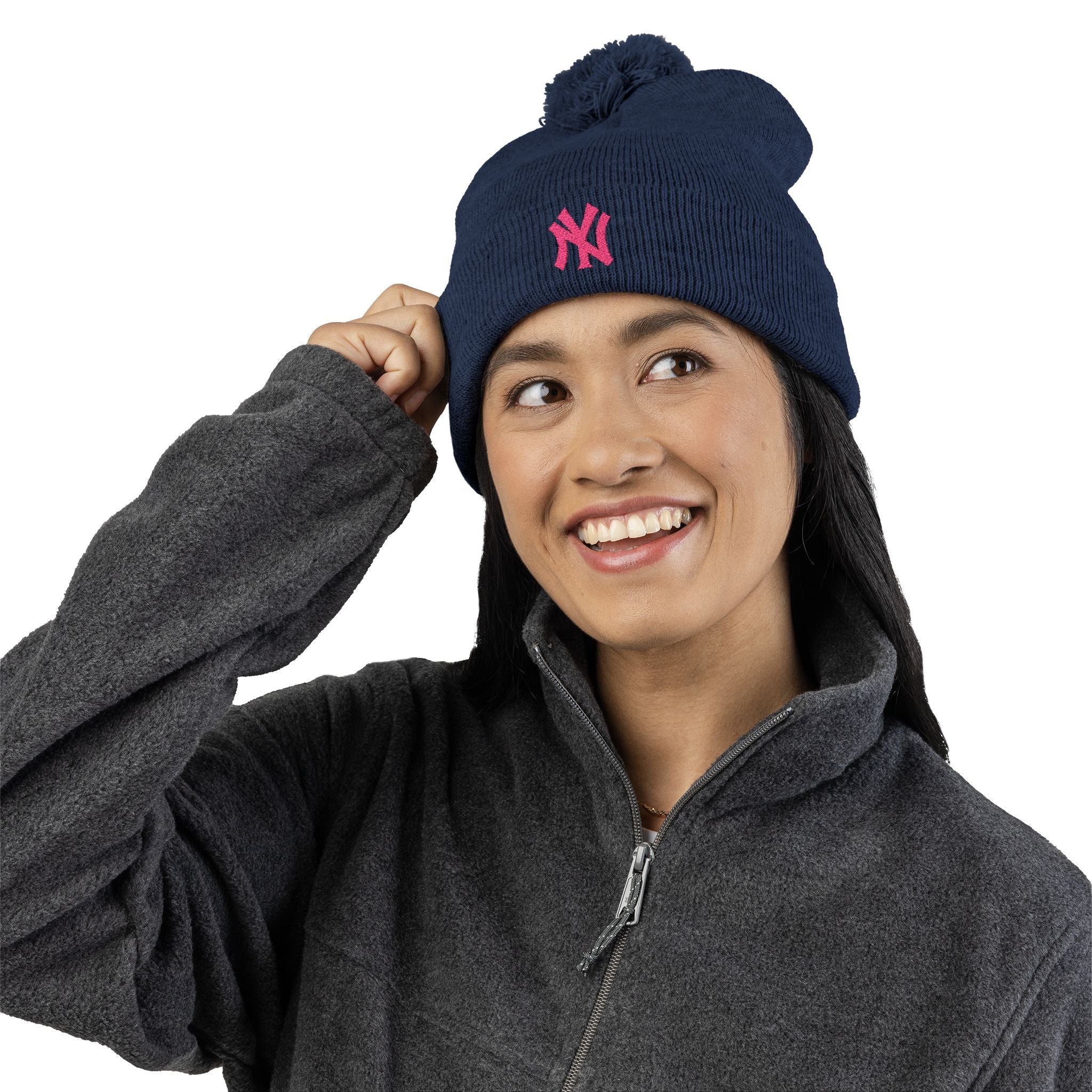 Embroidered Pom - Pom Knit Beanie — Grey Winter Hat with Pink NY Logo - Etna Gift