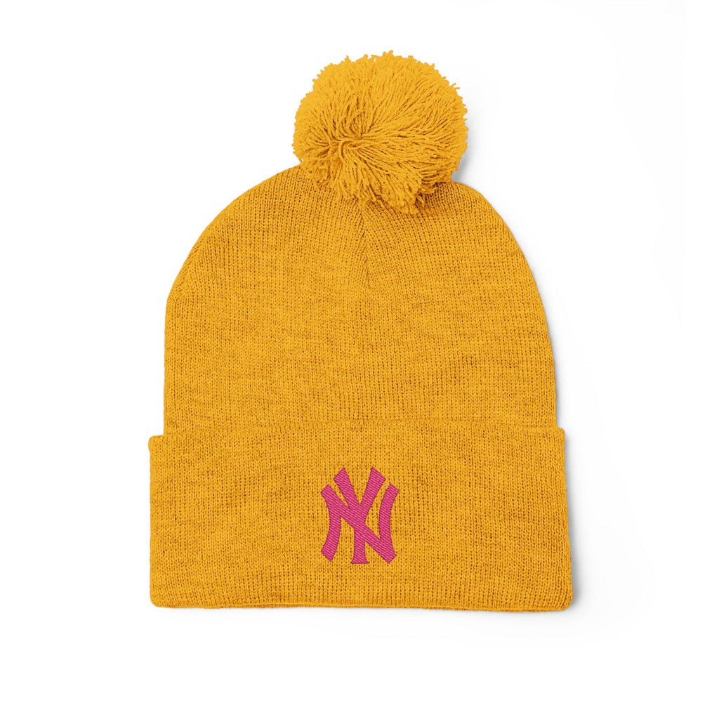Embroidered Pom - Pom Knit Beanie — Grey Winter Hat with Pink NY Logo - Etna Gift