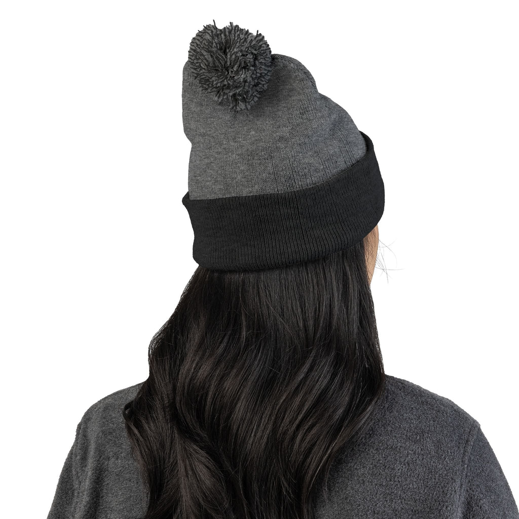 Embroidered Pom - Pom Knit Beanie — Grey Winter Hat with Pink NY Logo - Etna Gift
