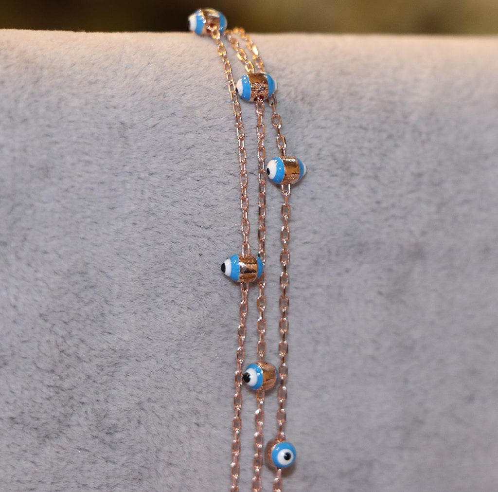 Evil eye charm silver 3 row bracelet 925 sterling rose silver bracelet - Etna Gift