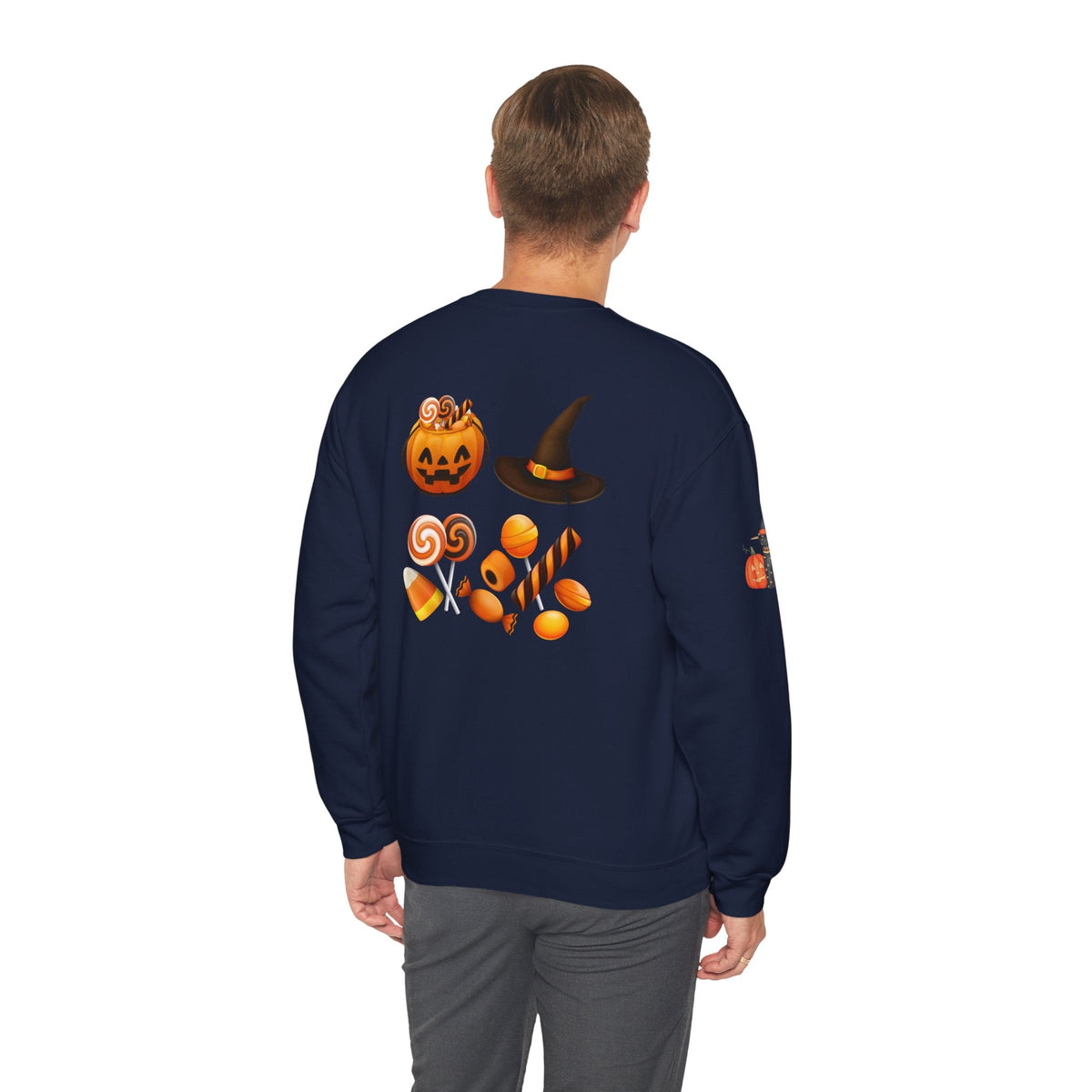 Halloween Candy Crewneck Sweatshirt — 'Happy Halloween' Jack-o'-Lantern & Candy Design - Etna Gift