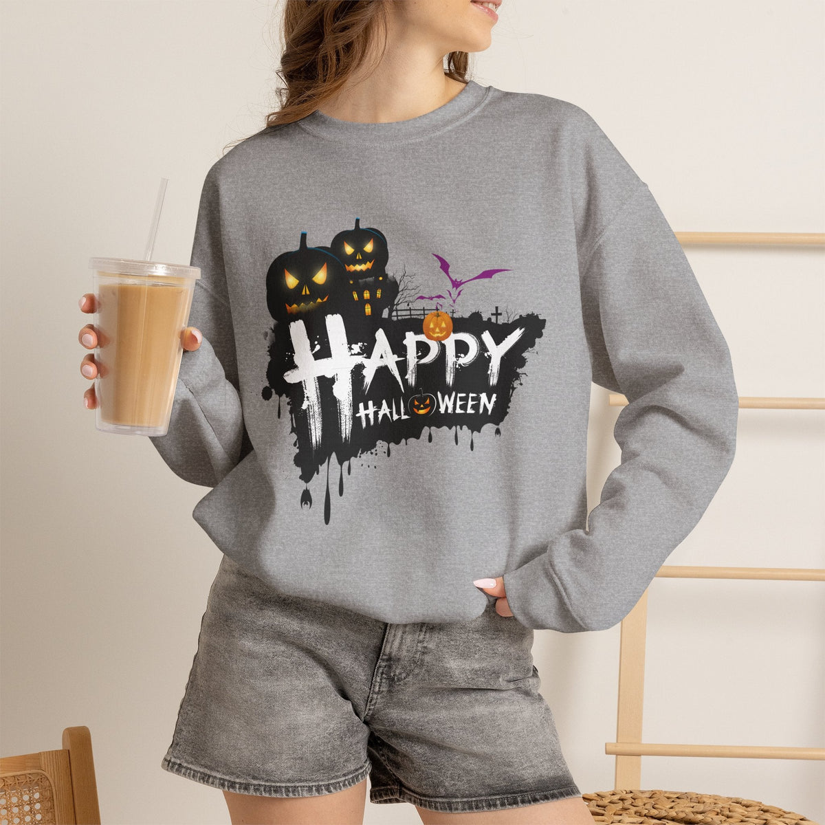 Halloween Pumpkin Crewneck Sweatshirt — "Happy Halloween" Graphic - Etna Gift