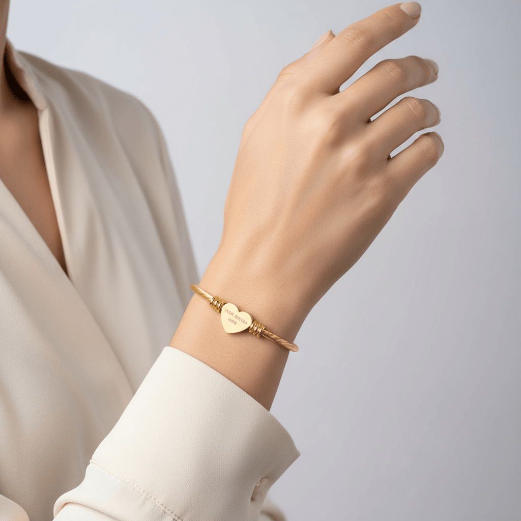 Heart Cuff Bracelet Lucky Bracelet Personalised Jewellery Gift Love, Friendship, Anniversary Valentine's Day, Engraved Bracelet - Etna Gift
