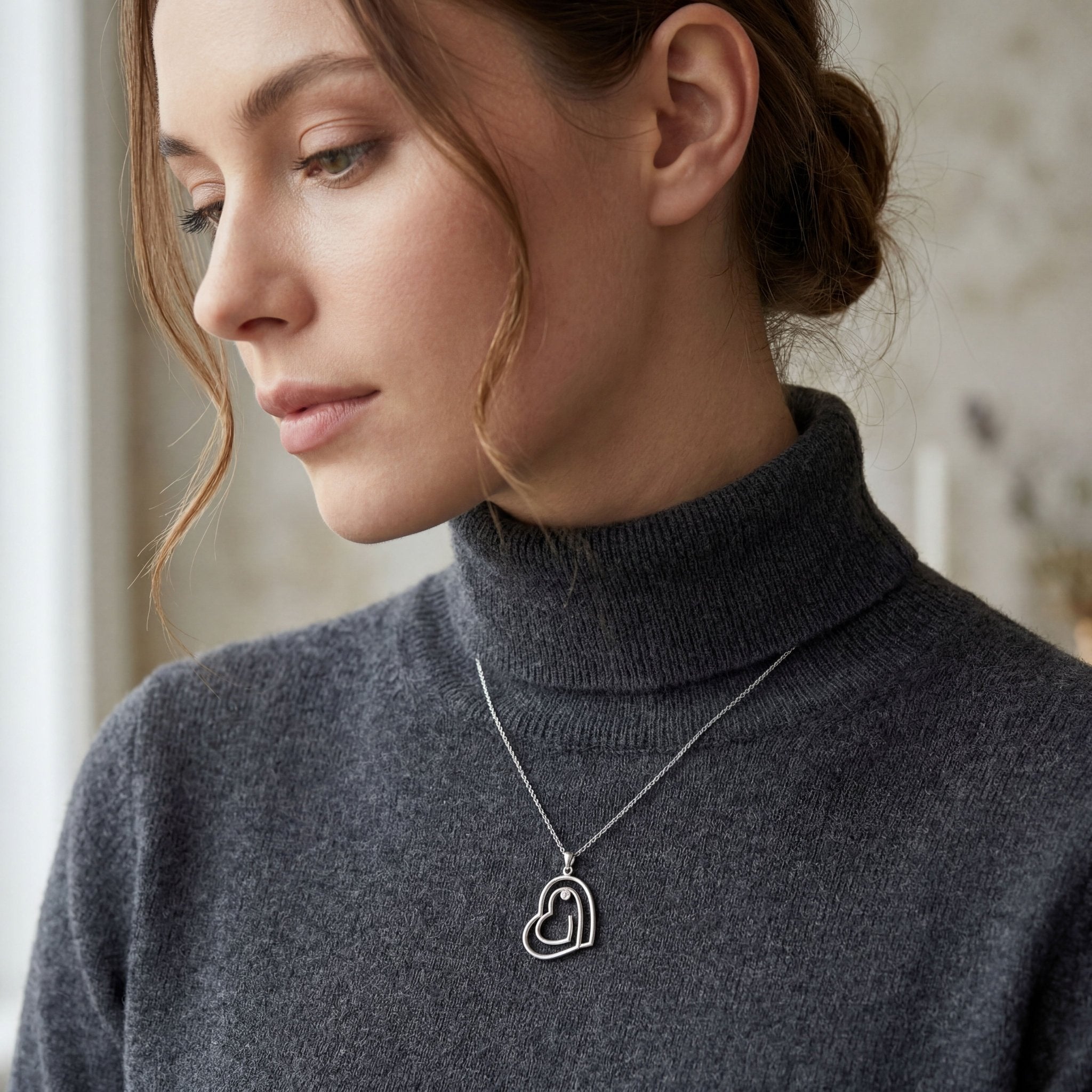 Heart Necklace with Diamond — 925 Sterling Silver Heart Necklace (White) - Etna Gift
