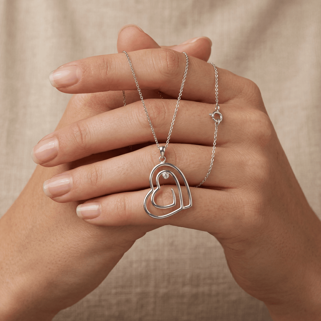 Heart Necklace with Diamond — 925 Sterling Silver Heart Necklace (White) - Etna Gift