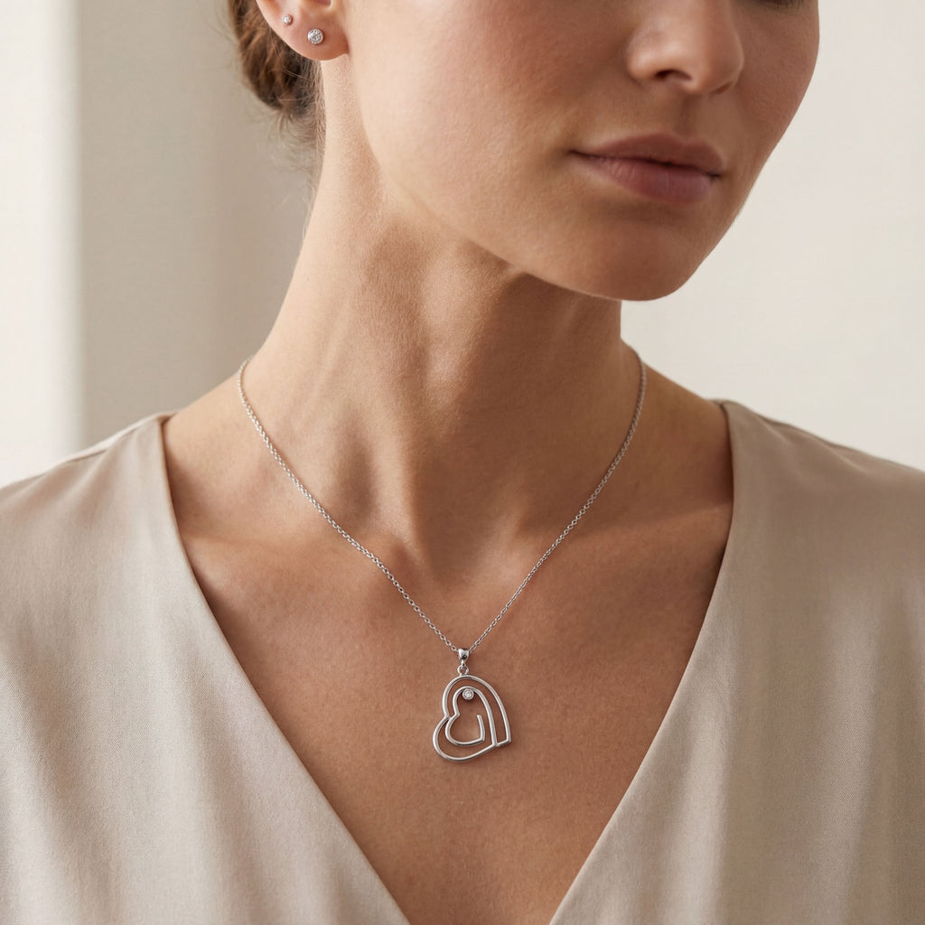 Heart Necklace with Diamond — 925 Sterling Silver Heart Necklace (White) - Etna Gift
