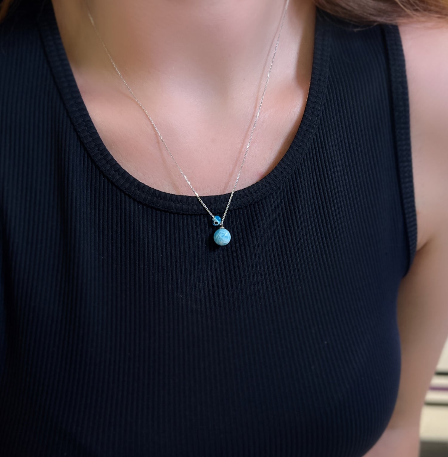 Larimar Natural stone necklace 925 sterling silver larimar necklace white - Etna Gift