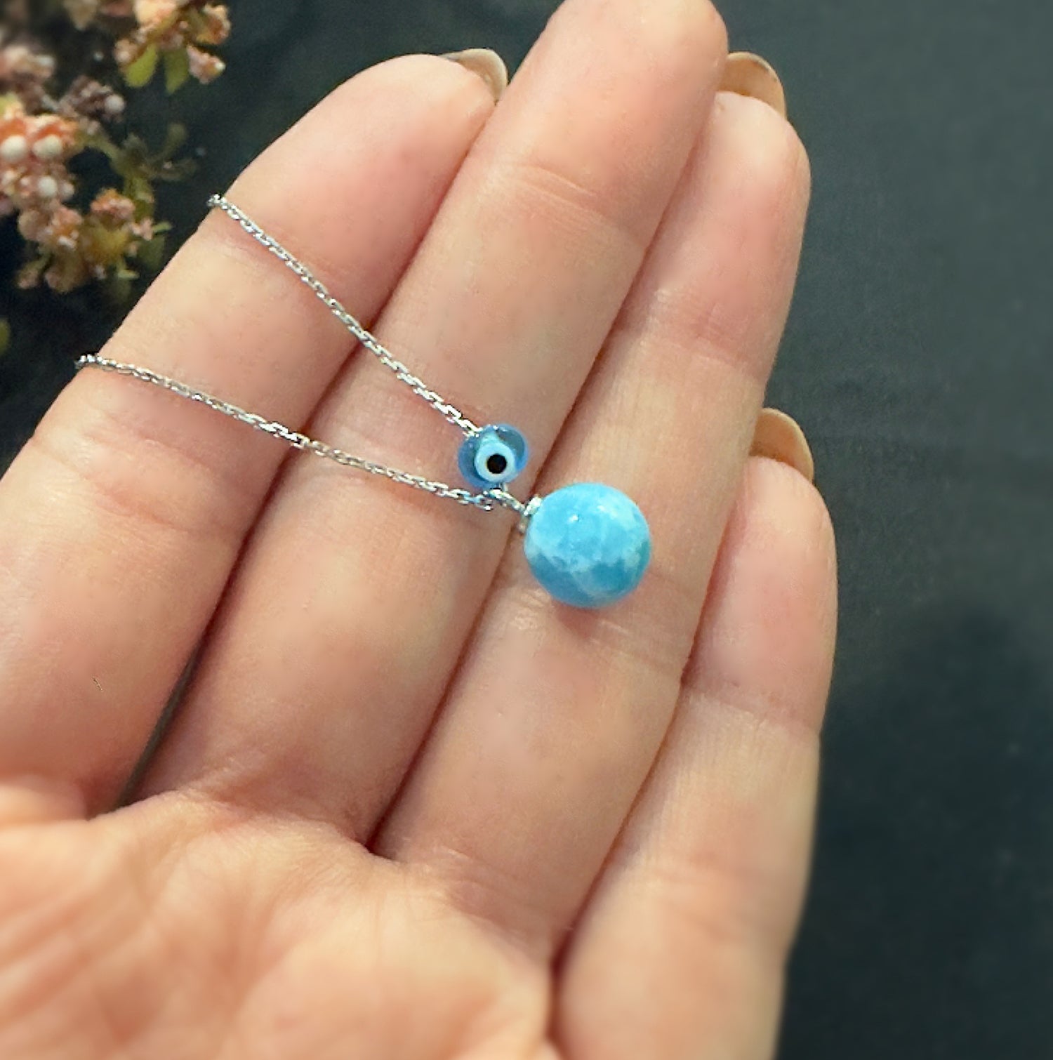 Larimar Natural stone necklace 925 sterling silver larimar necklace white - Etna Gift