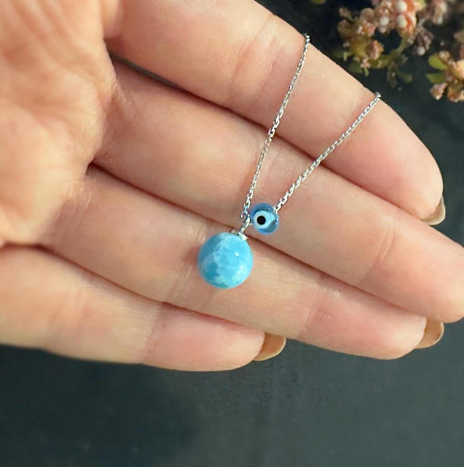 Larimar Natural stone necklace 925 sterling silver larimar necklace white - Etna Gift