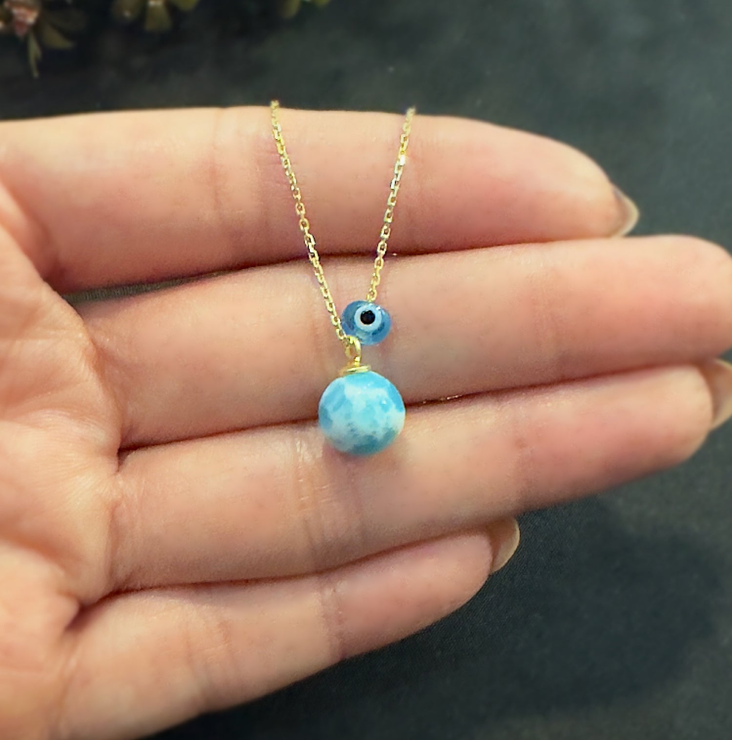 Larimar Natural stone necklace 925 sterling silver larimar necklace yellow - Etna Gift