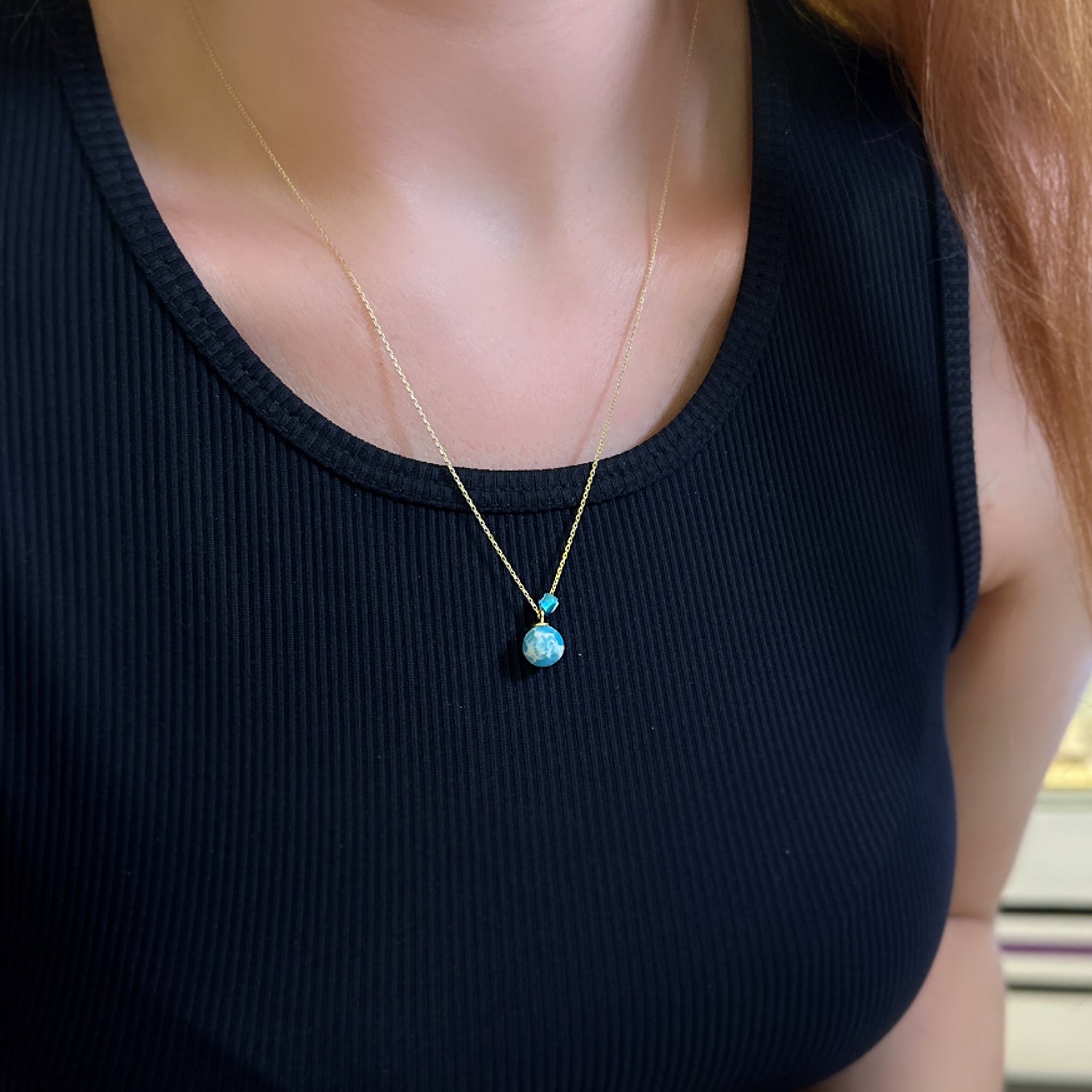 Larimar Natural stone necklace 925 sterling silver larimar necklace yellow - Etna Gift