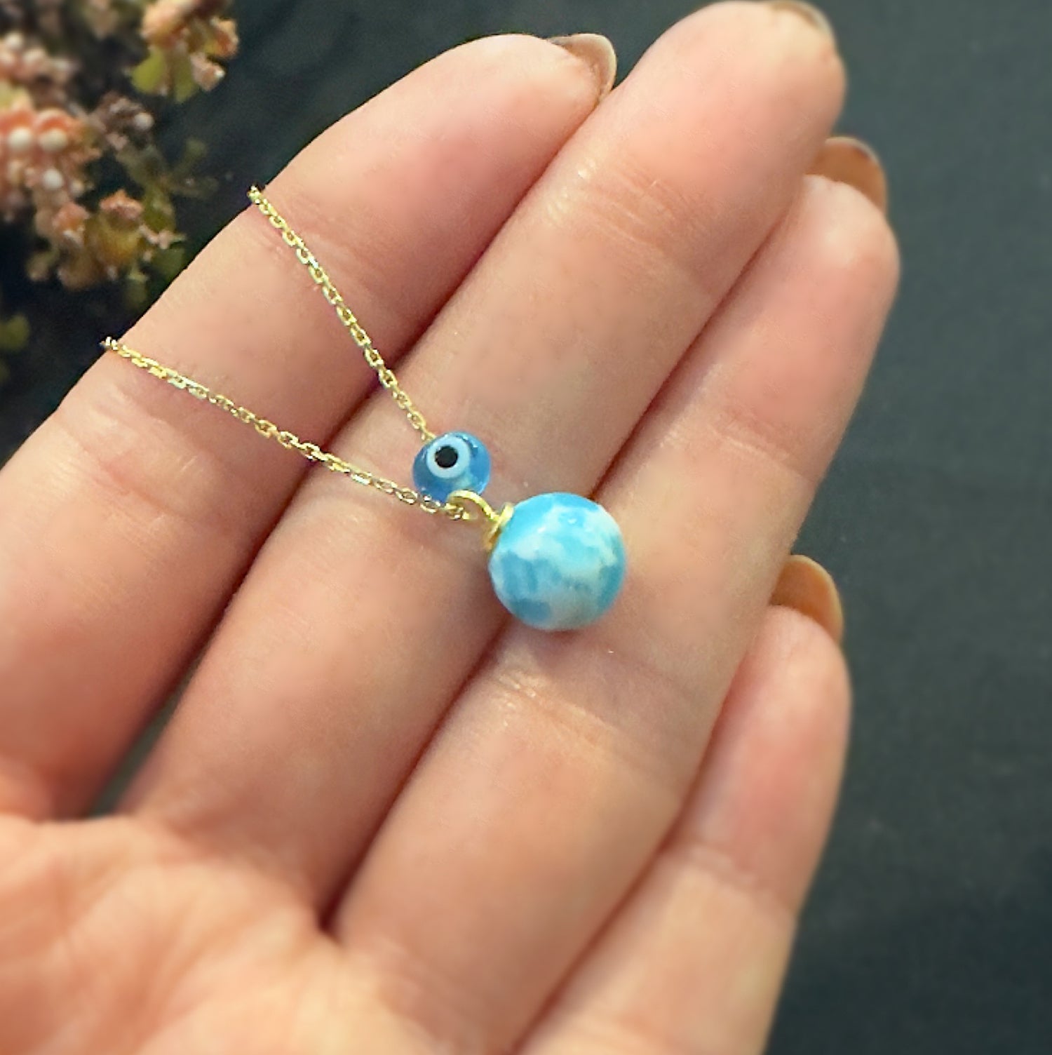 Larimar Natural stone necklace 925 sterling silver larimar necklace yellow - Etna Gift