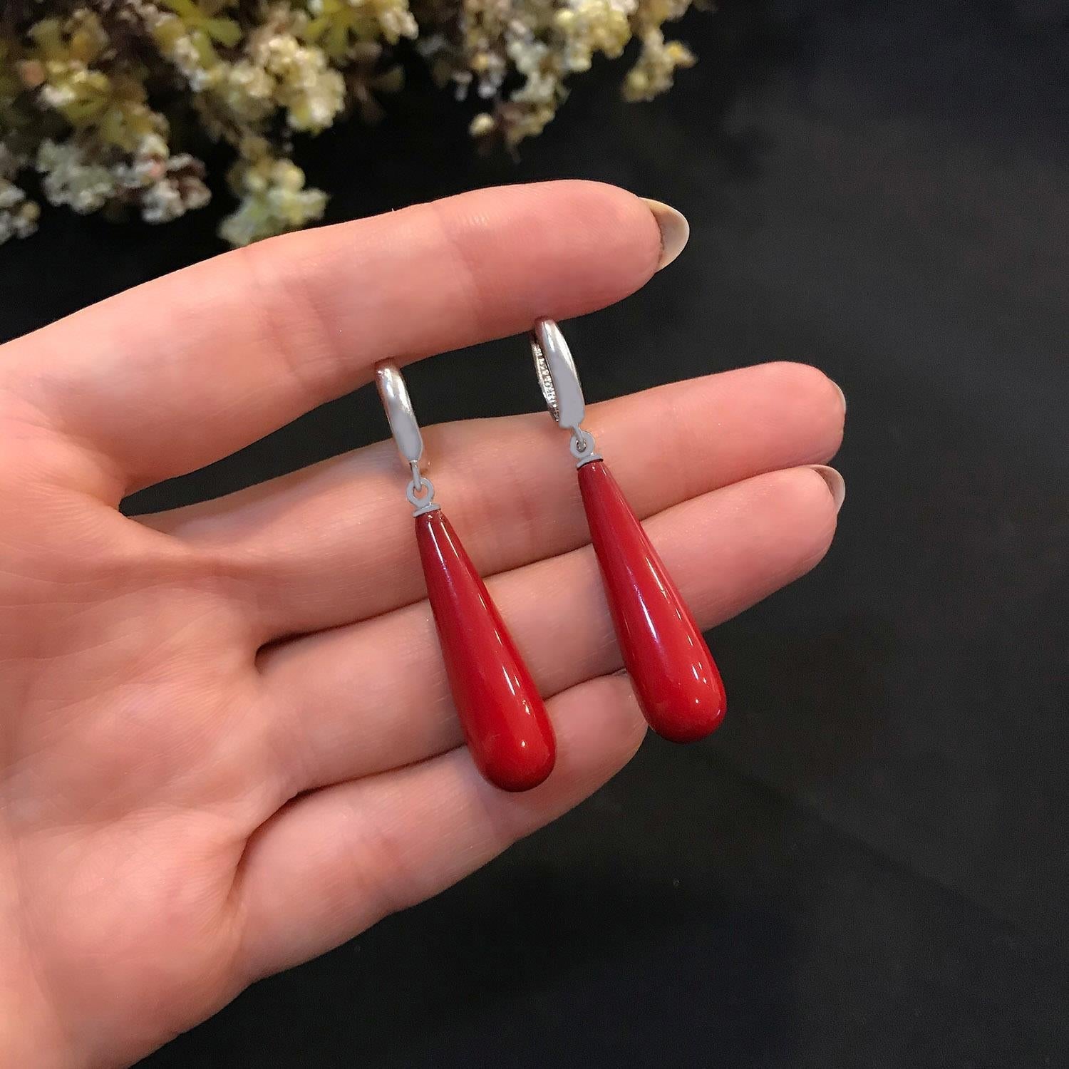 Long coral earrings, 925 sterling silver earrings - Etna Gift