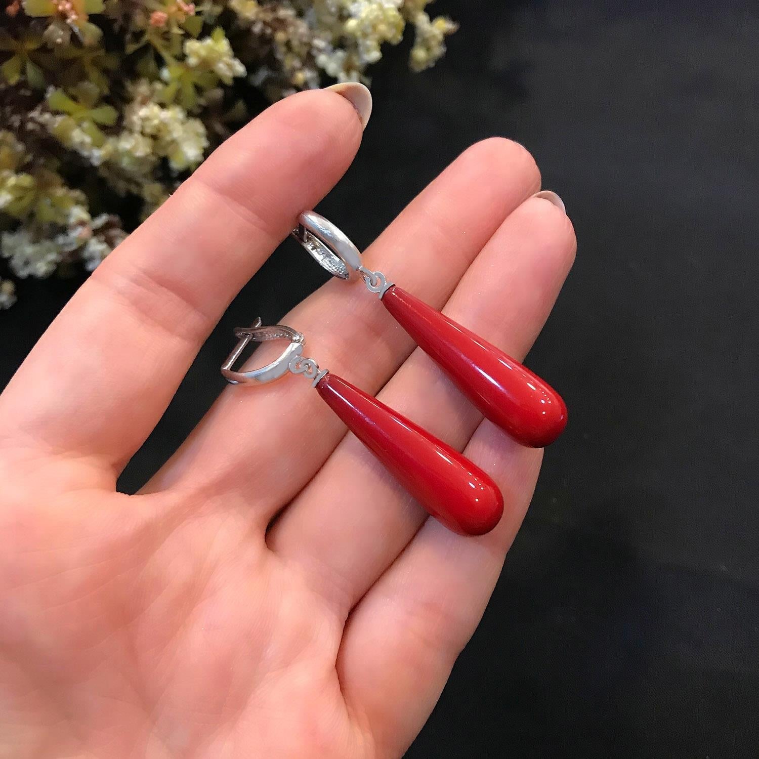 Long coral earrings, 925 sterling silver earrings - Etna Gift