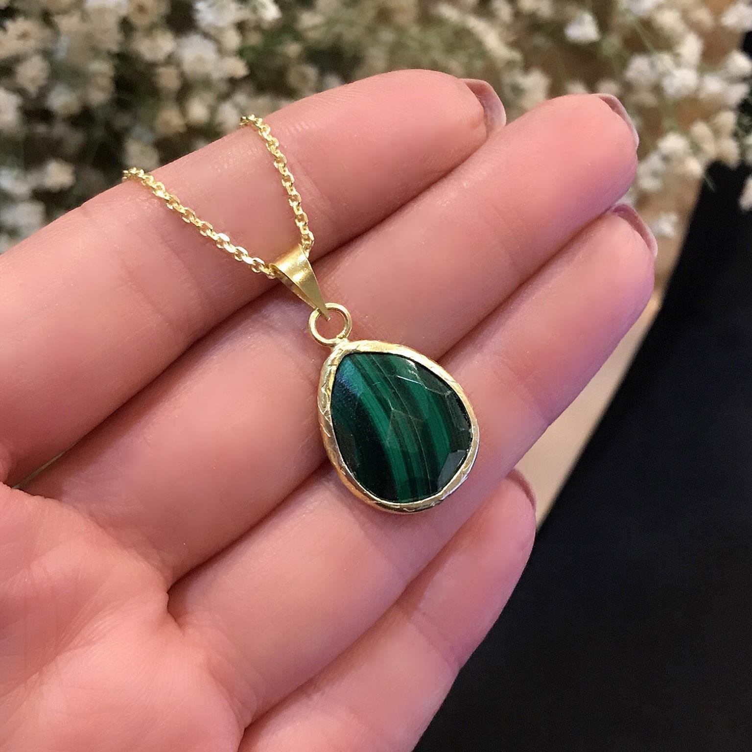 Malachite natural stone necklace 925 sterling silver drop malachite necklace - Etna Gift