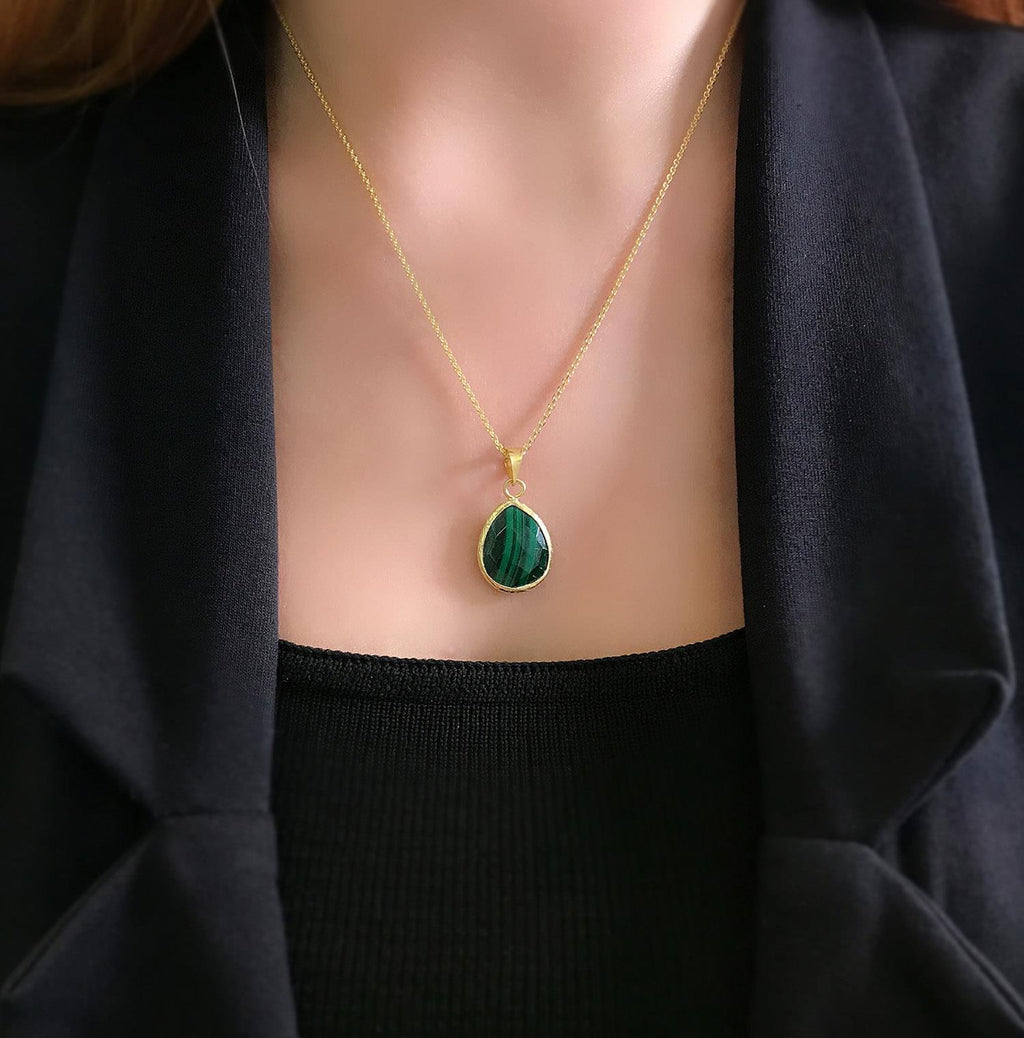 Malachite natural stone necklace 925 sterling silver drop malachite necklace - Etna Gift
