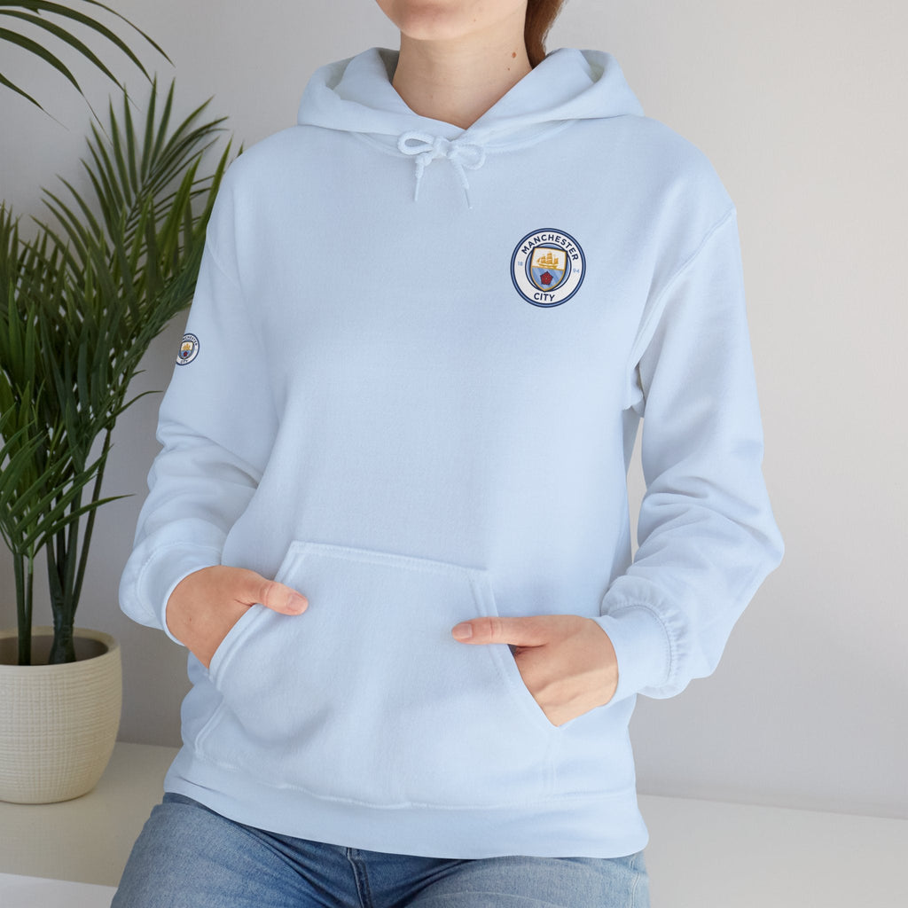Manchester City Hoodie — Minimal Crest Logo Back Text Pullover - Etna Gift