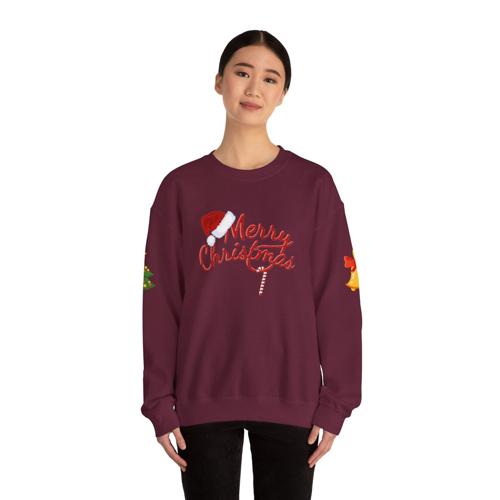 Merry Christmas script candy cane Sweatshirt | Christmas tree sleeve design - Etna Gift