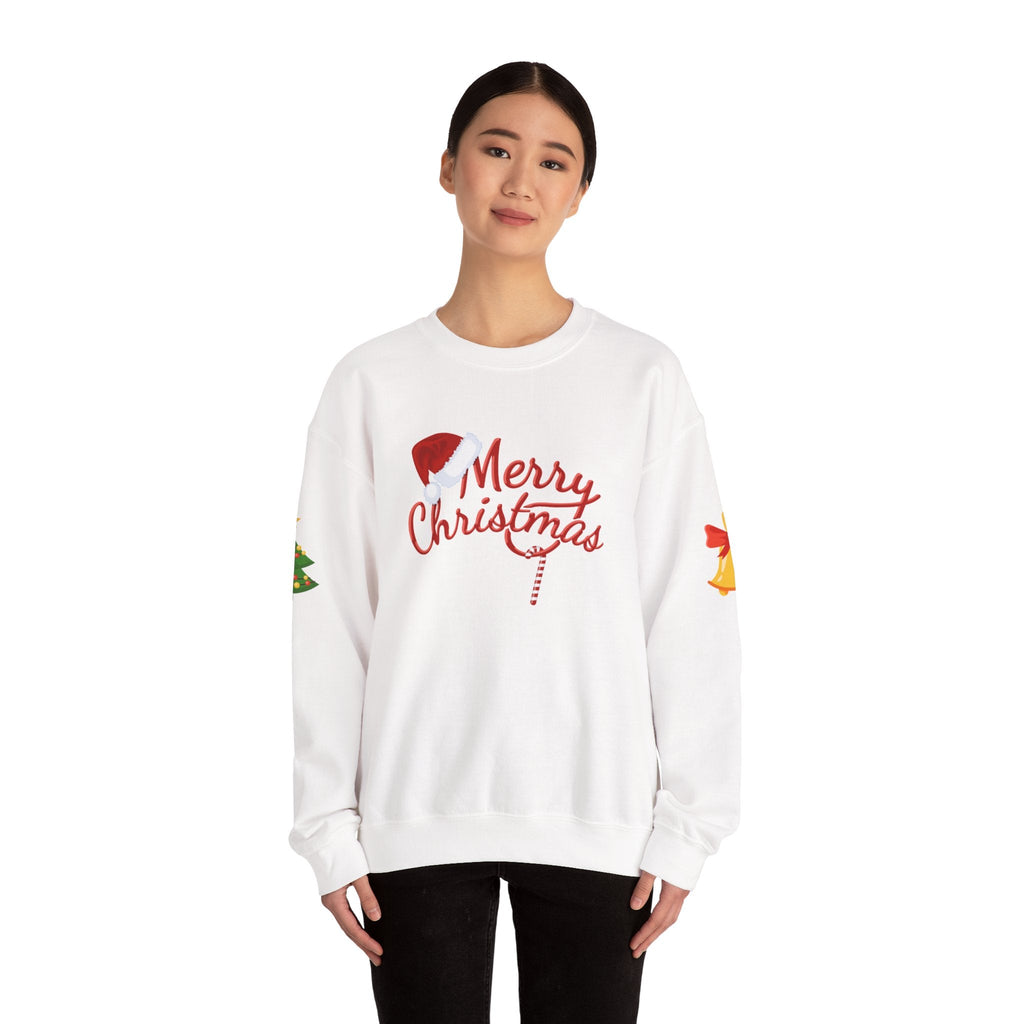 Merry Christmas script candy cane Sweatshirt | Christmas tree sleeve design - Etna Gift