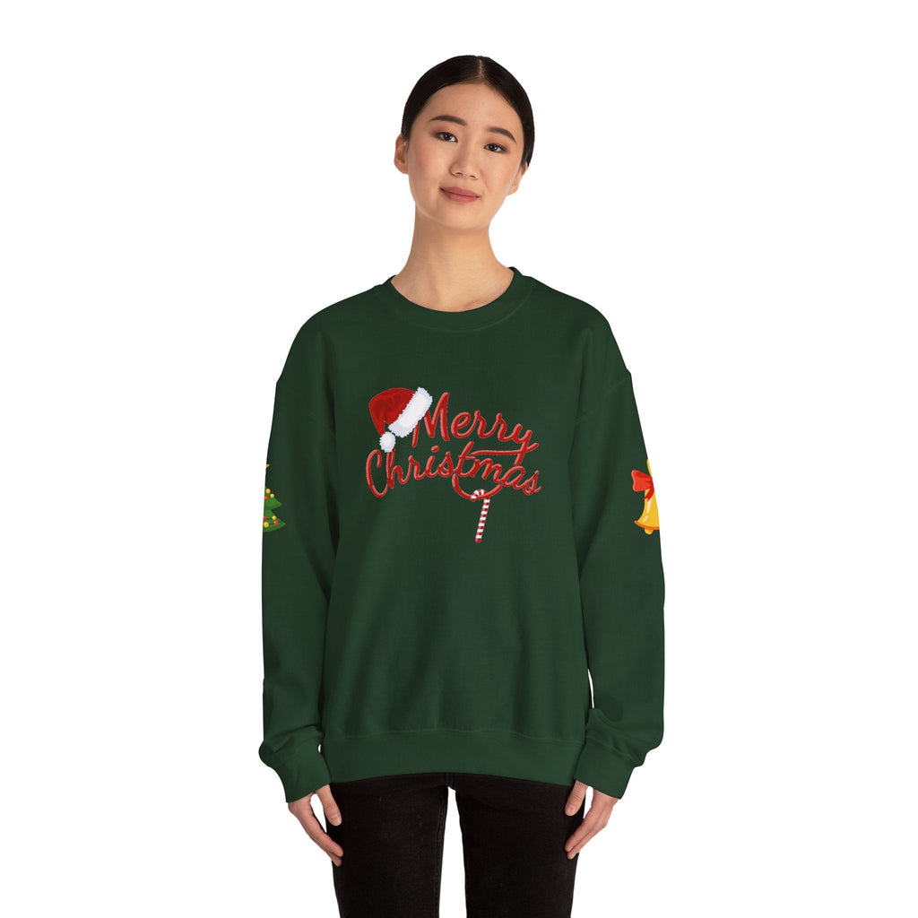 Merry Christmas script candy cane Sweatshirt | Christmas tree sleeve design - Etna Gift