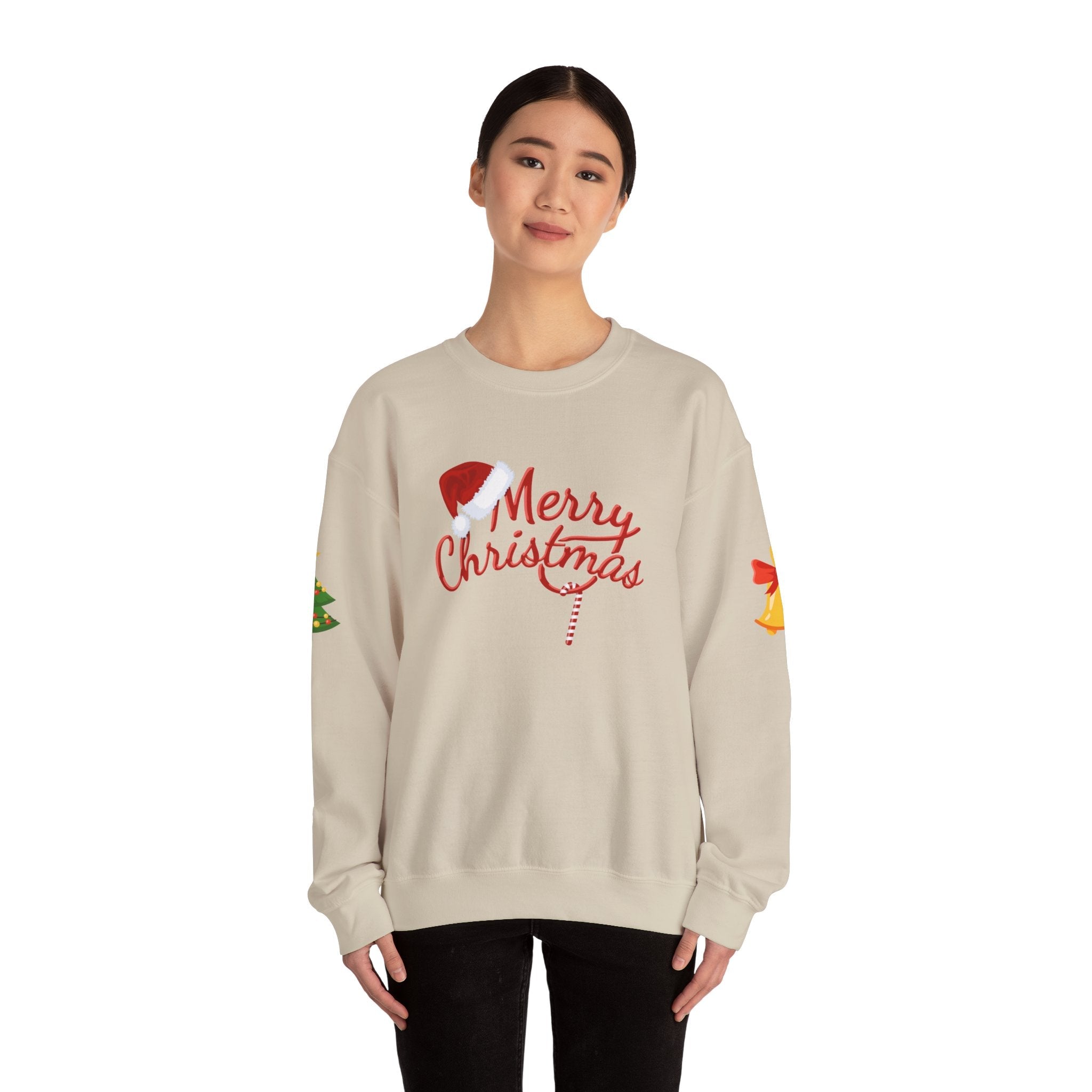 Merry Christmas script candy cane Sweatshirt | Christmas tree sleeve design - Etna Gift