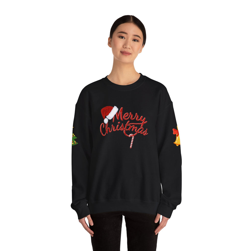Merry Christmas script candy cane Sweatshirt | Christmas tree sleeve design - Etna Gift
