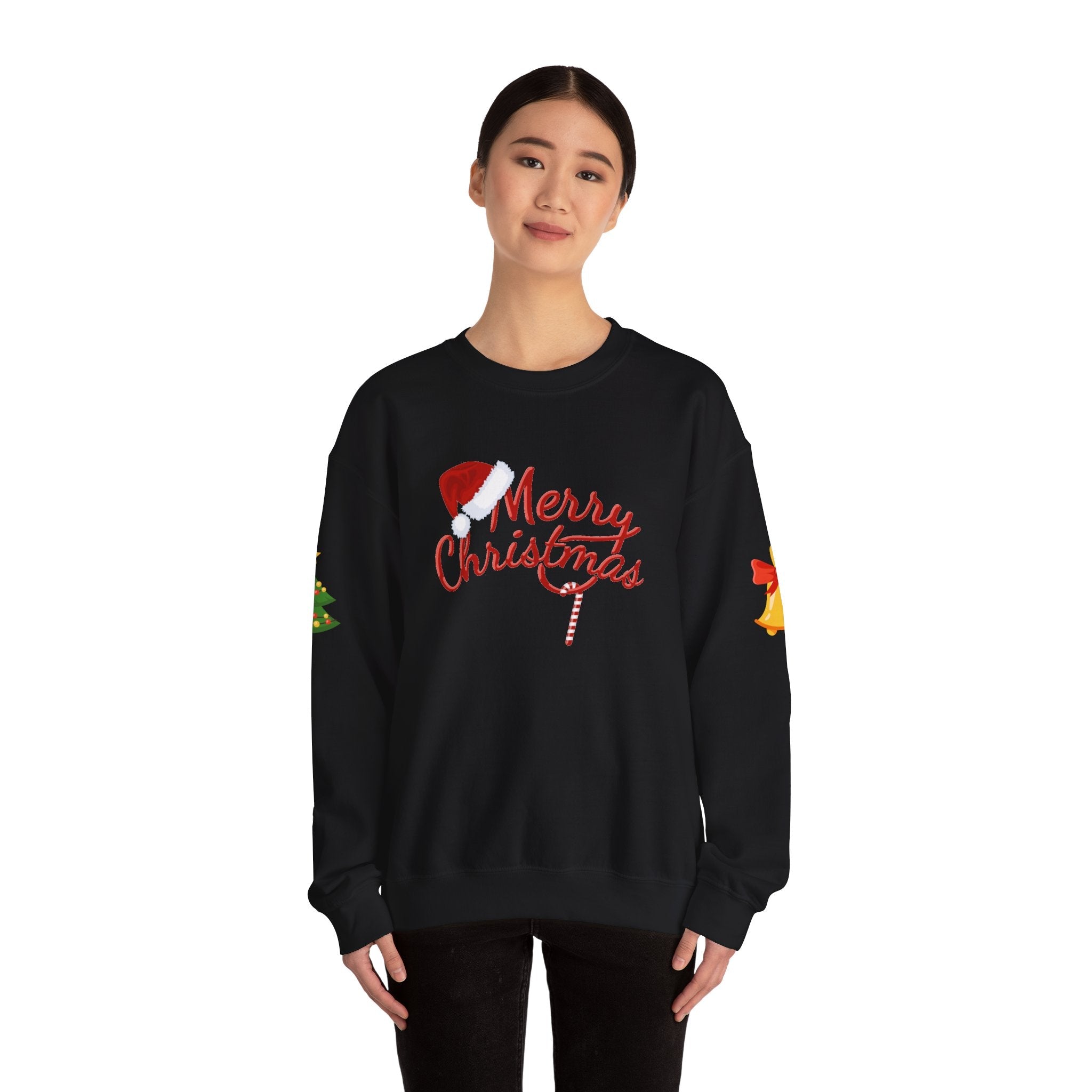 Merry Christmas script candy cane Sweatshirt | Christmas tree sleeve design - Etna Gift