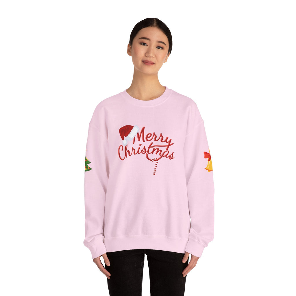 Merry Christmas script candy cane Sweatshirt | Christmas tree sleeve design - Etna Gift