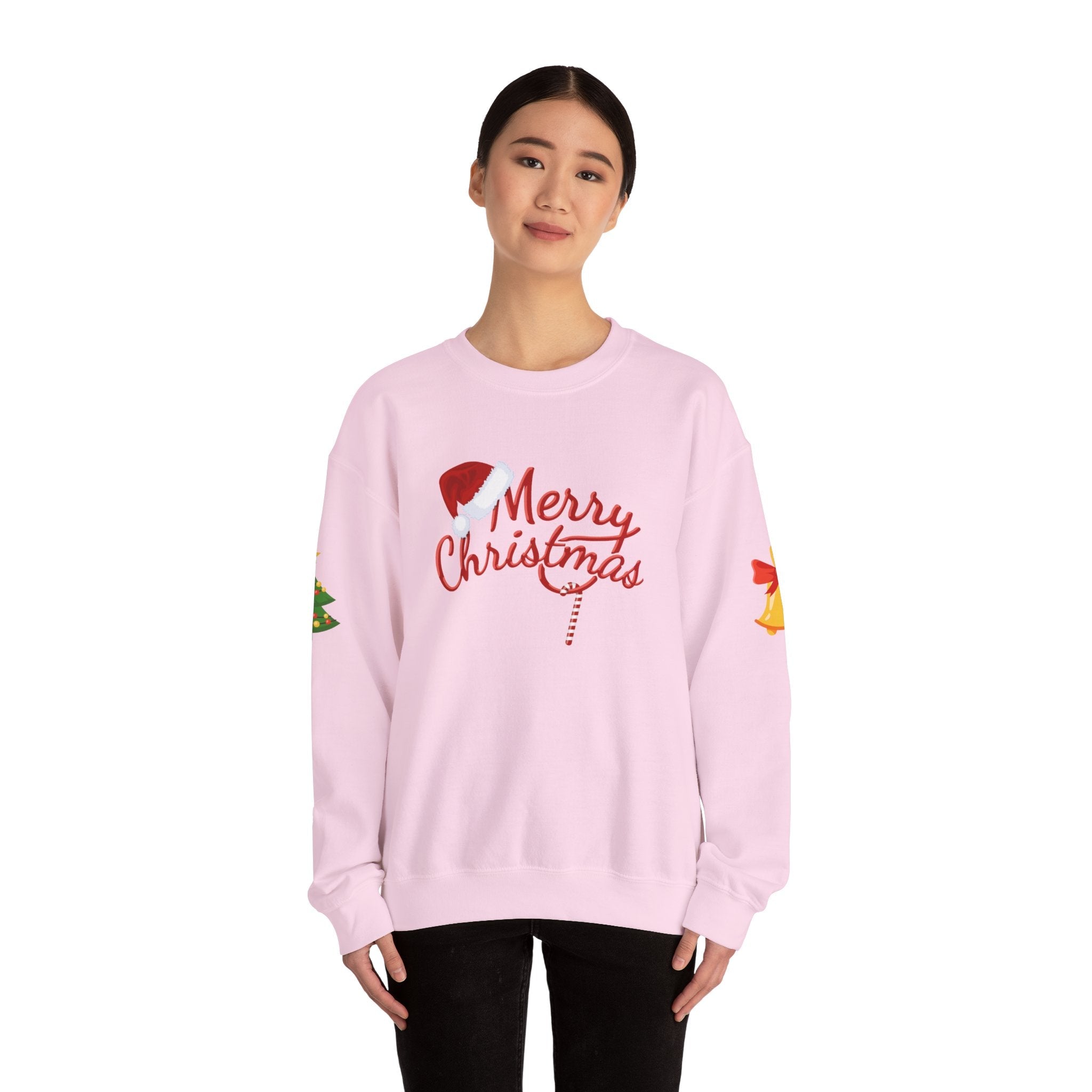 Merry Christmas script candy cane Sweatshirt | Christmas tree sleeve design - Etna Gift