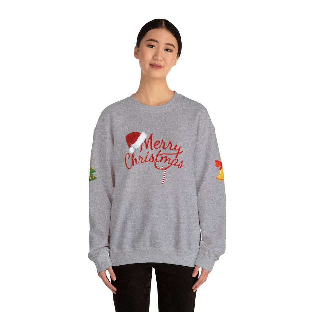 Merry Christmas script candy cane Sweatshirt | Christmas tree sleeve design - Etna Gift