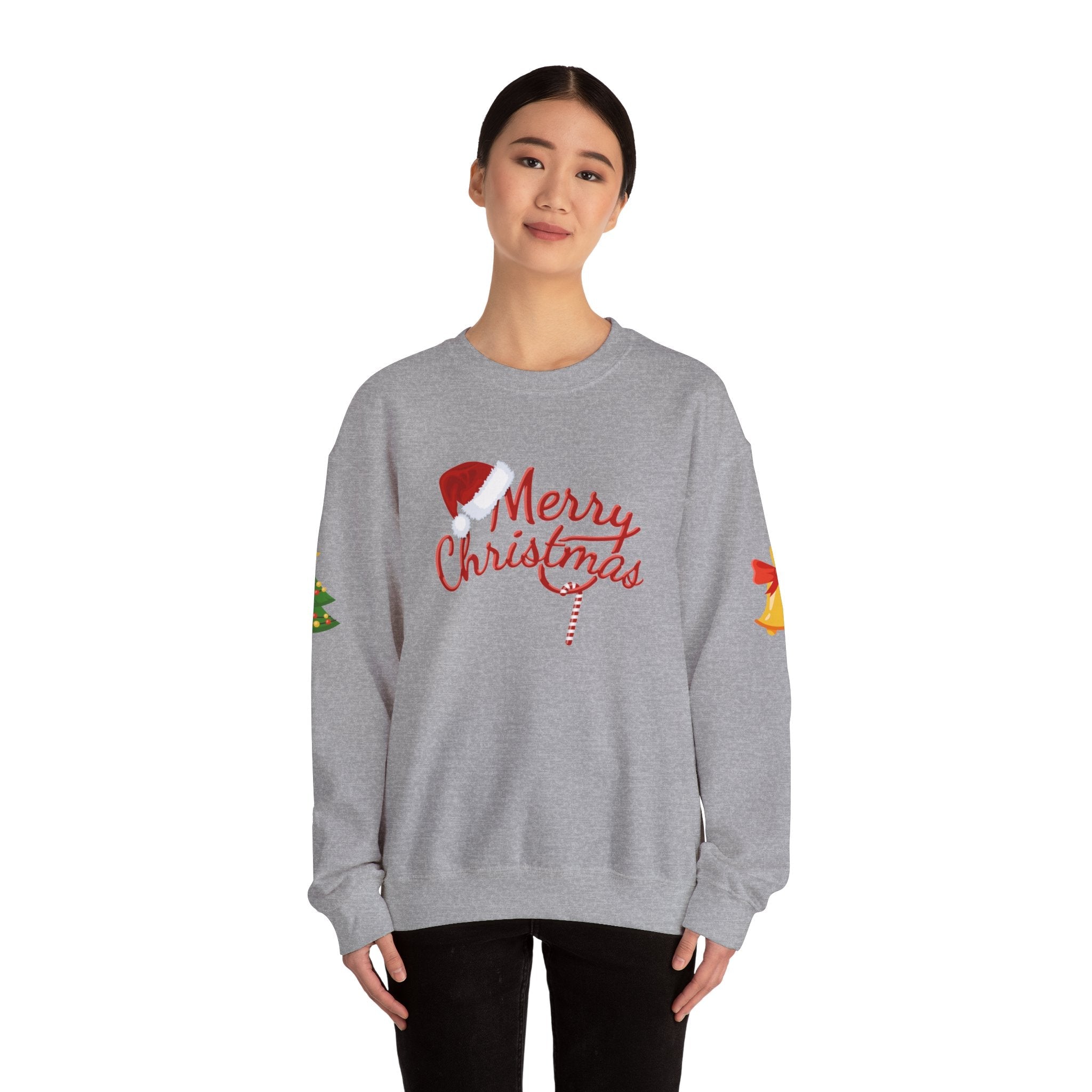 Merry Christmas script candy cane Sweatshirt | Christmas tree sleeve design - Etna Gift