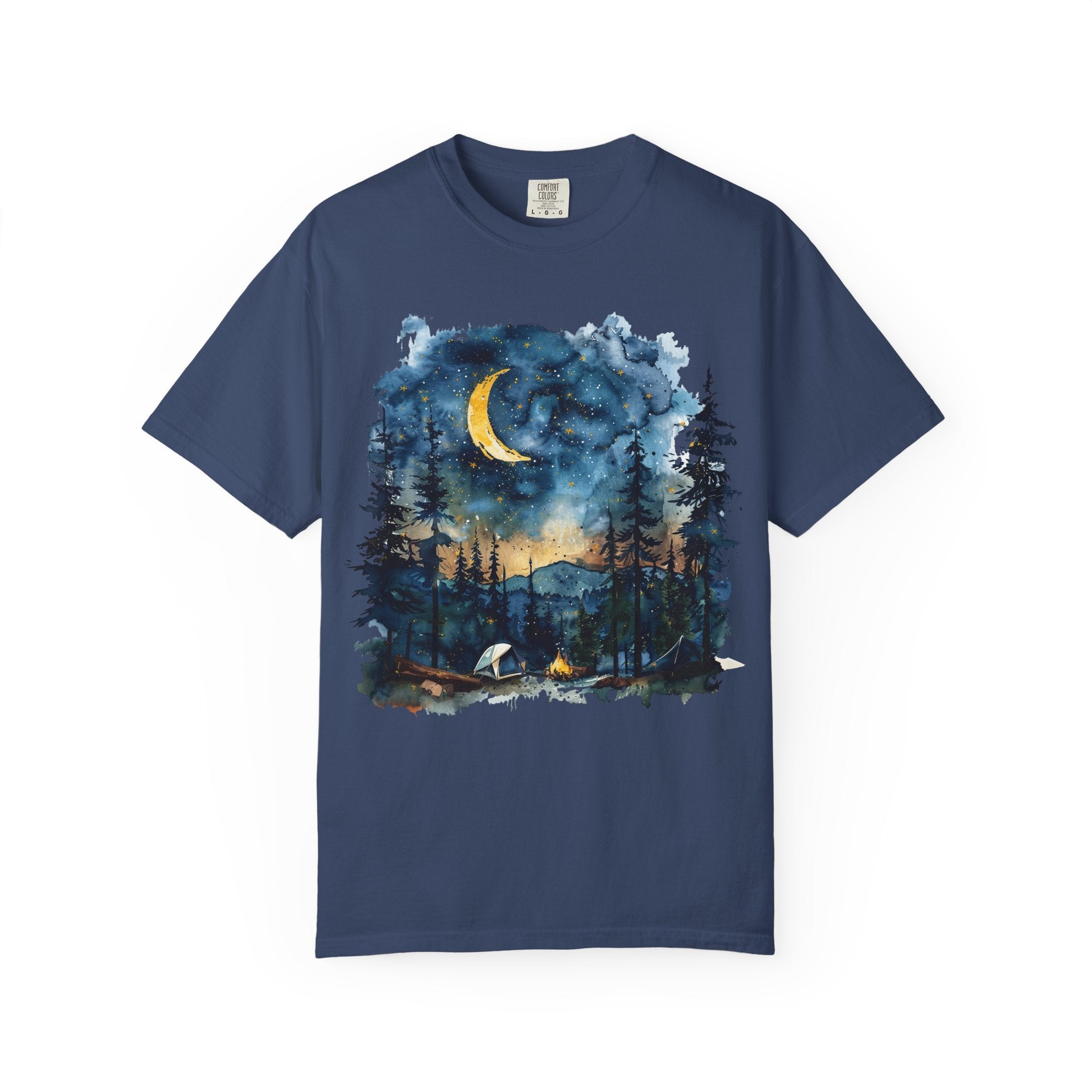 Moonlit Campsite T-shirt | Forest Night Sky, Crescent Moon - Etna Gift