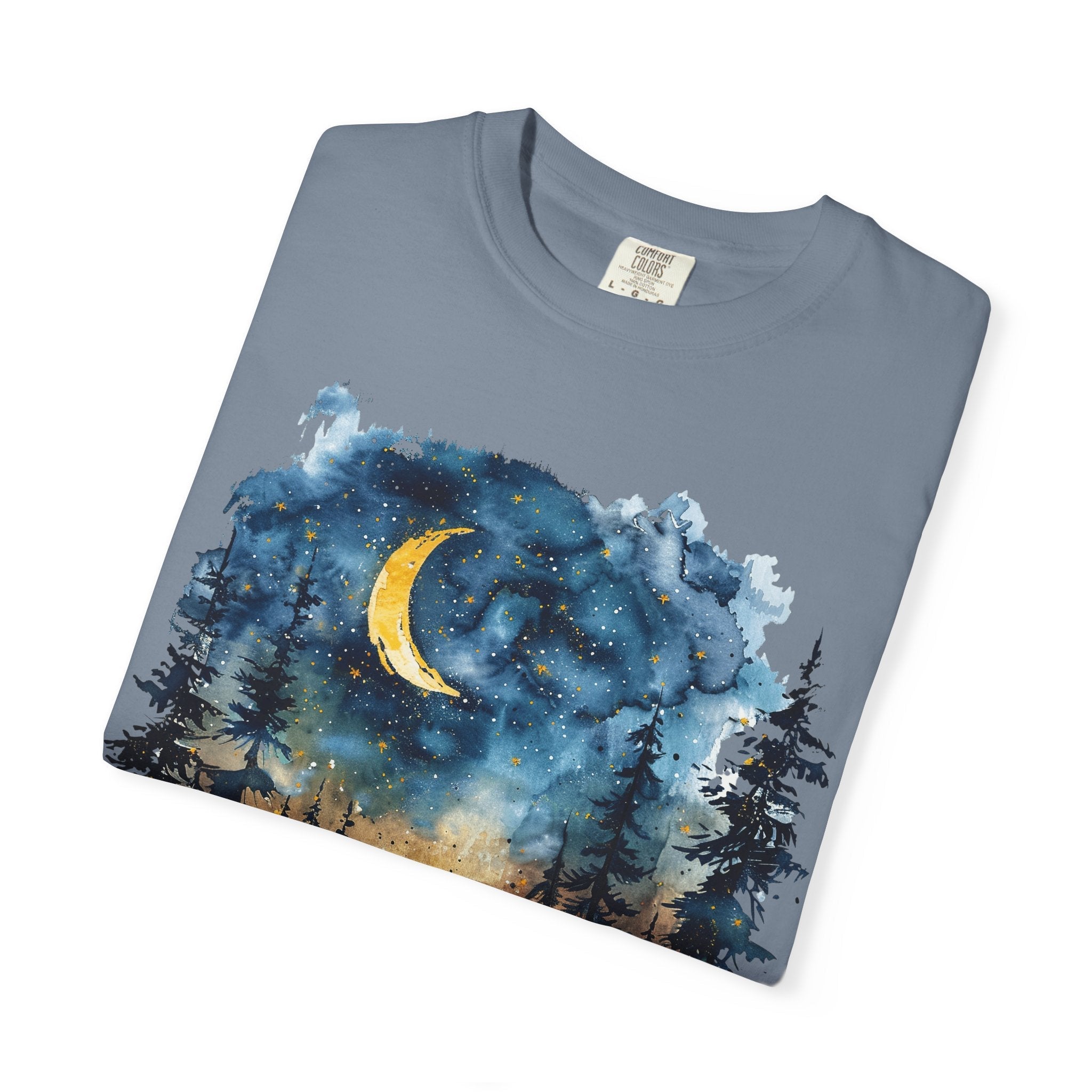 Moonlit Campsite T-shirt | Forest Night Sky, Crescent Moon - Etna Gift