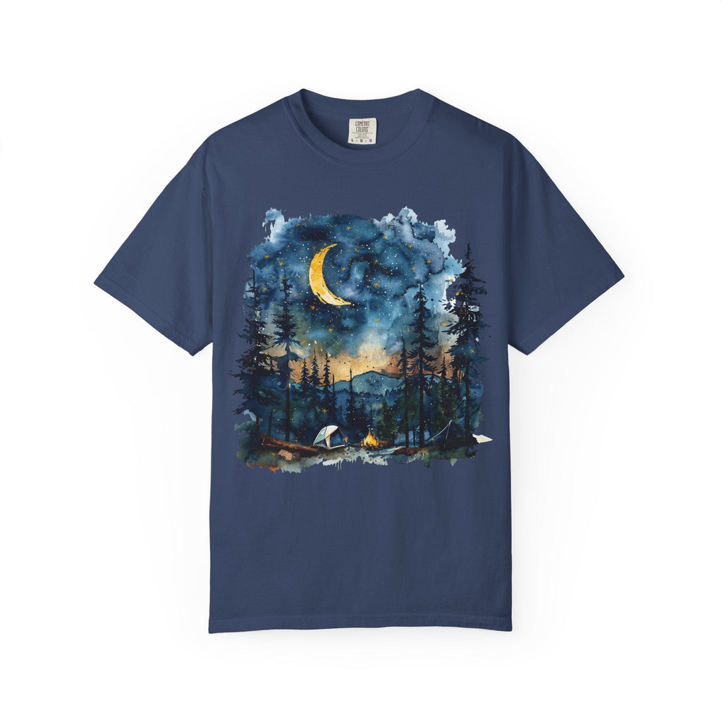 Moonlit Campsite T-shirt | Forest Night Sky, Crescent Moon - Etna Gift