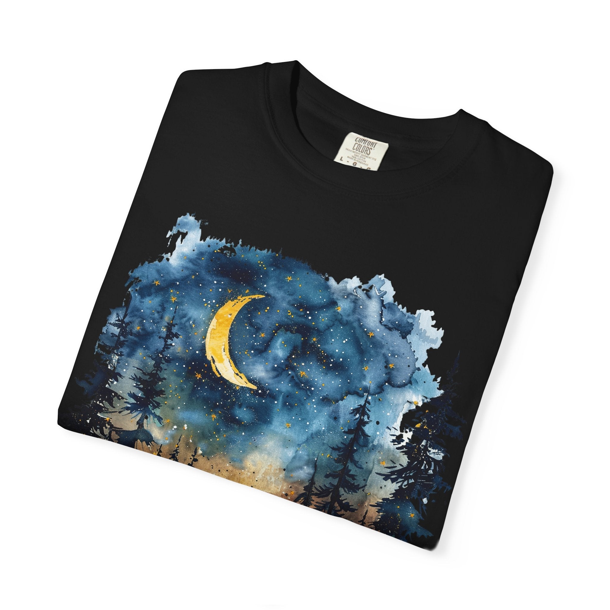 Moonlit Campsite T-shirt | Forest Night Sky, Crescent Moon - Etna Gift