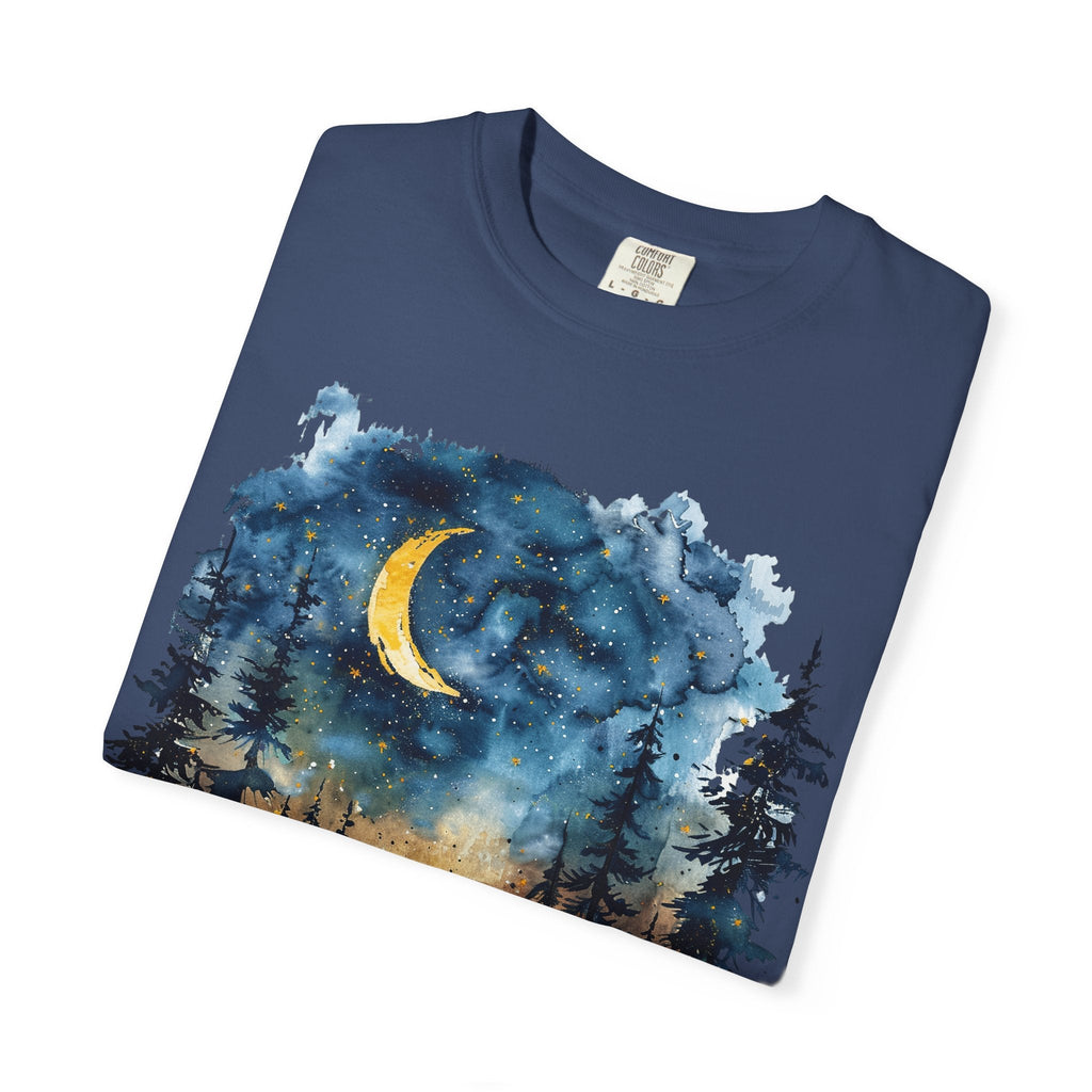 Moonlit Campsite T-shirt | Forest Night Sky, Crescent Moon - Etna Gift