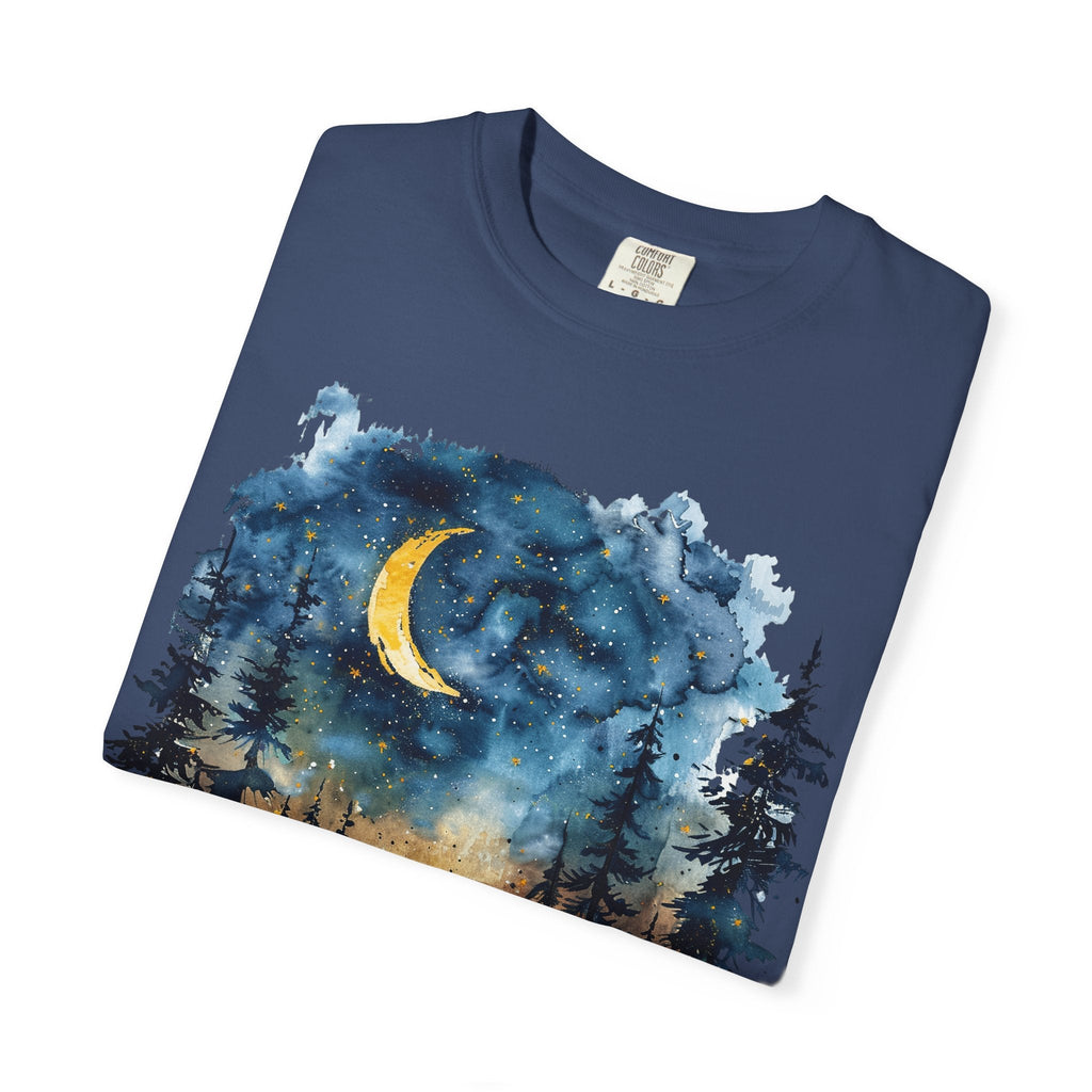 Moonlit Campsite T-shirt | Forest Night Sky, Crescent Moon - Etna Gift