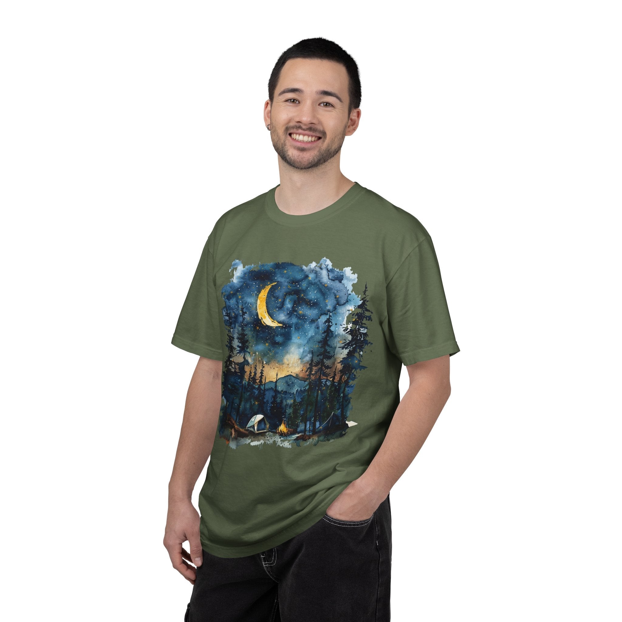 Moonlit Campsite T-shirt | Forest Night Sky, Crescent Moon - Etna Gift