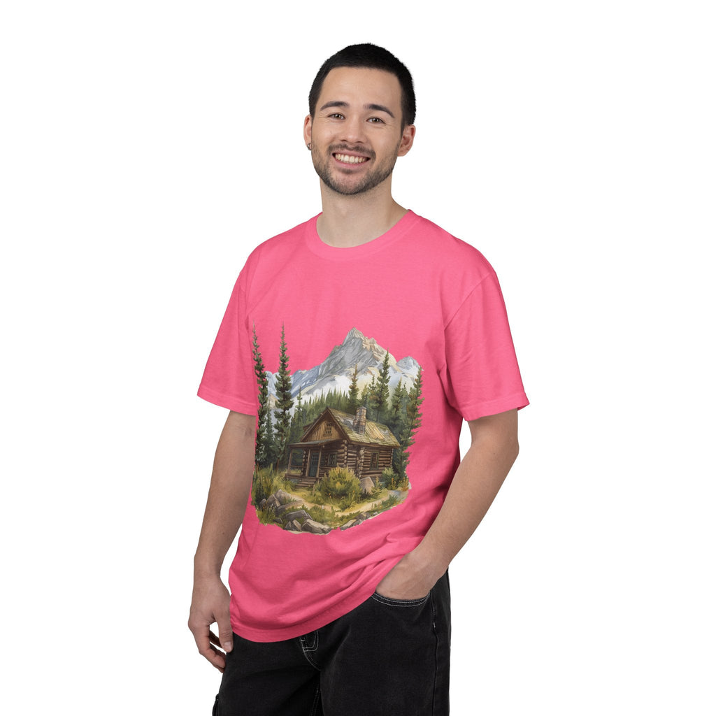 Mountain Log Cabin Illustration T-Shirt | Rustic Nature Scene - Etna Gift